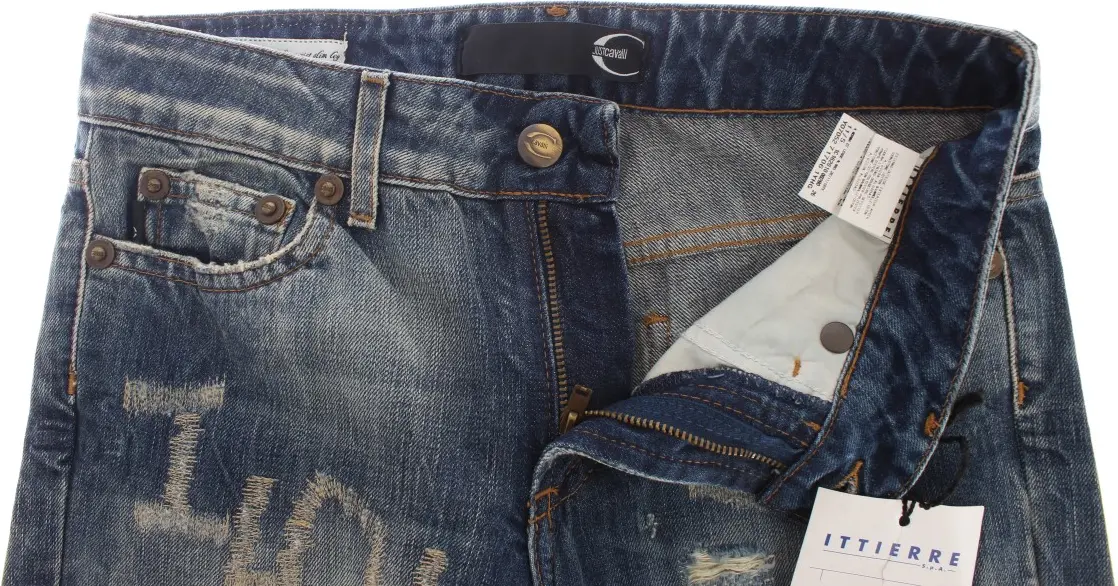 Roberto Cavalli Blue Wash Torn Straight Fit Djeans