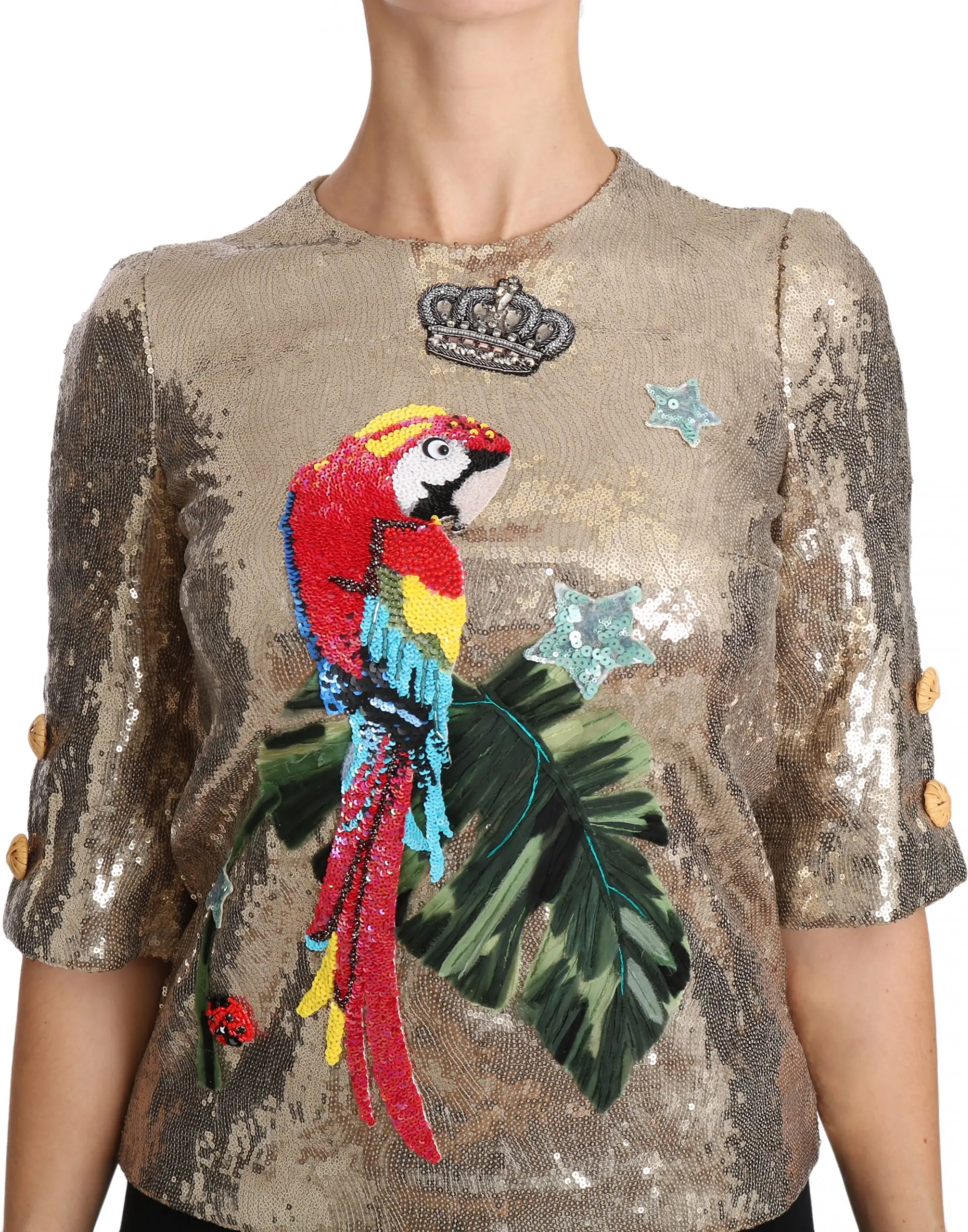 Blouse Dolce & Gabbana Gold Sequined Parrot Crystal