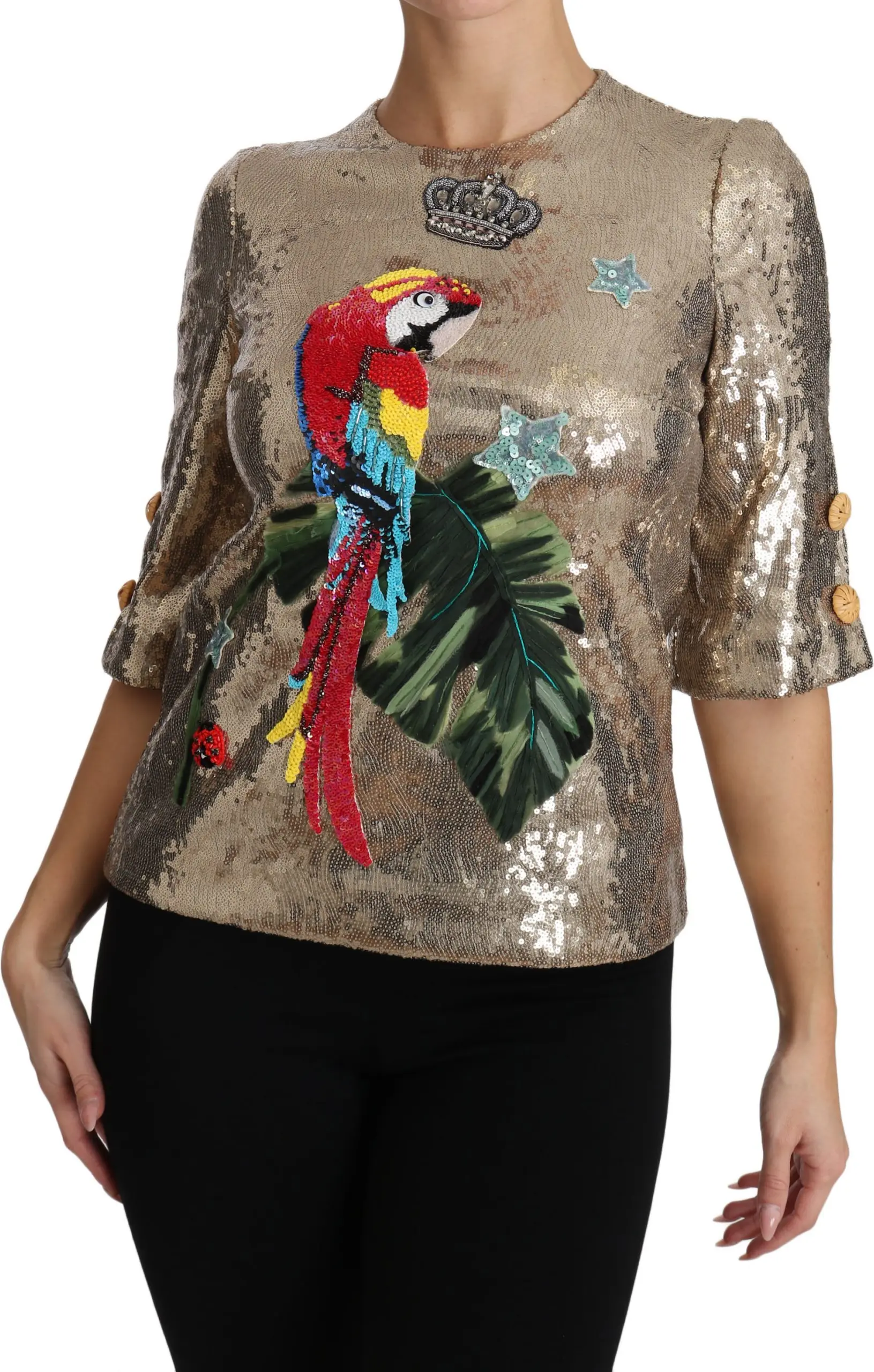 Blouse Dolce & Gabbana Gold Sequined Parrot Crystal