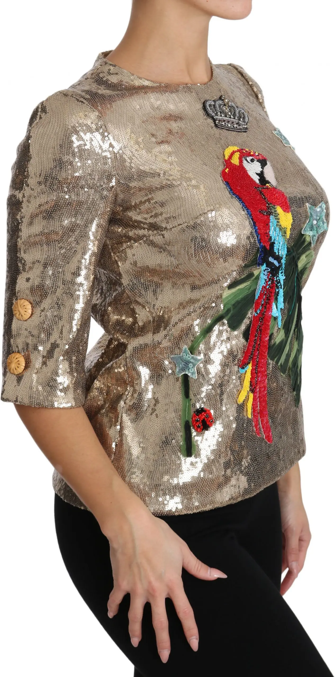 Blouse Dolce & Gabbana Gold Sequined Parrot Crystal