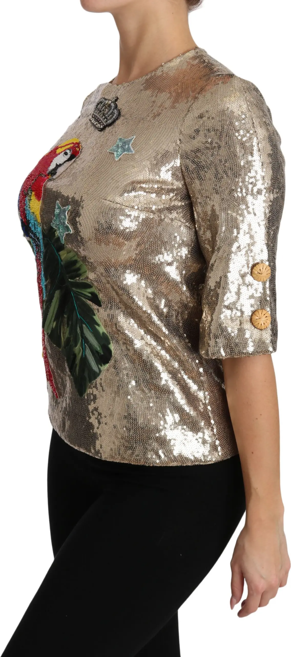 Blouse Dolce & Gabbana Gold Sequined Parrot Crystal