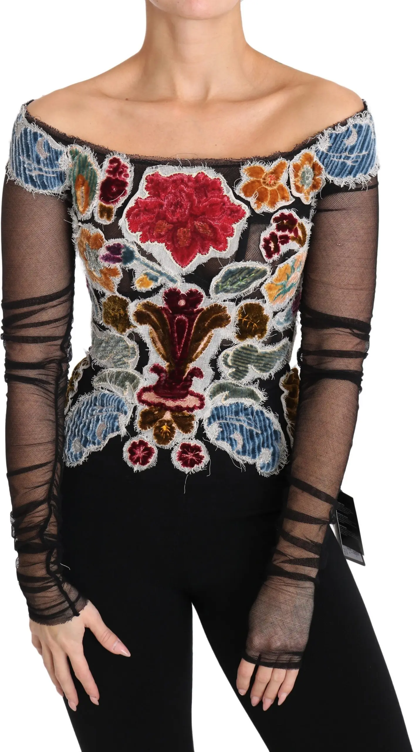 Блузка Dolce & Gabbana Черная с цветочной аппликацией Ricamo