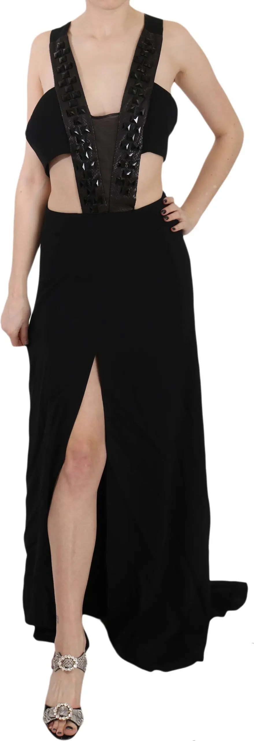 Dress John Richmond Elegant Flare Maxi Evening Dress with Crystal Accents