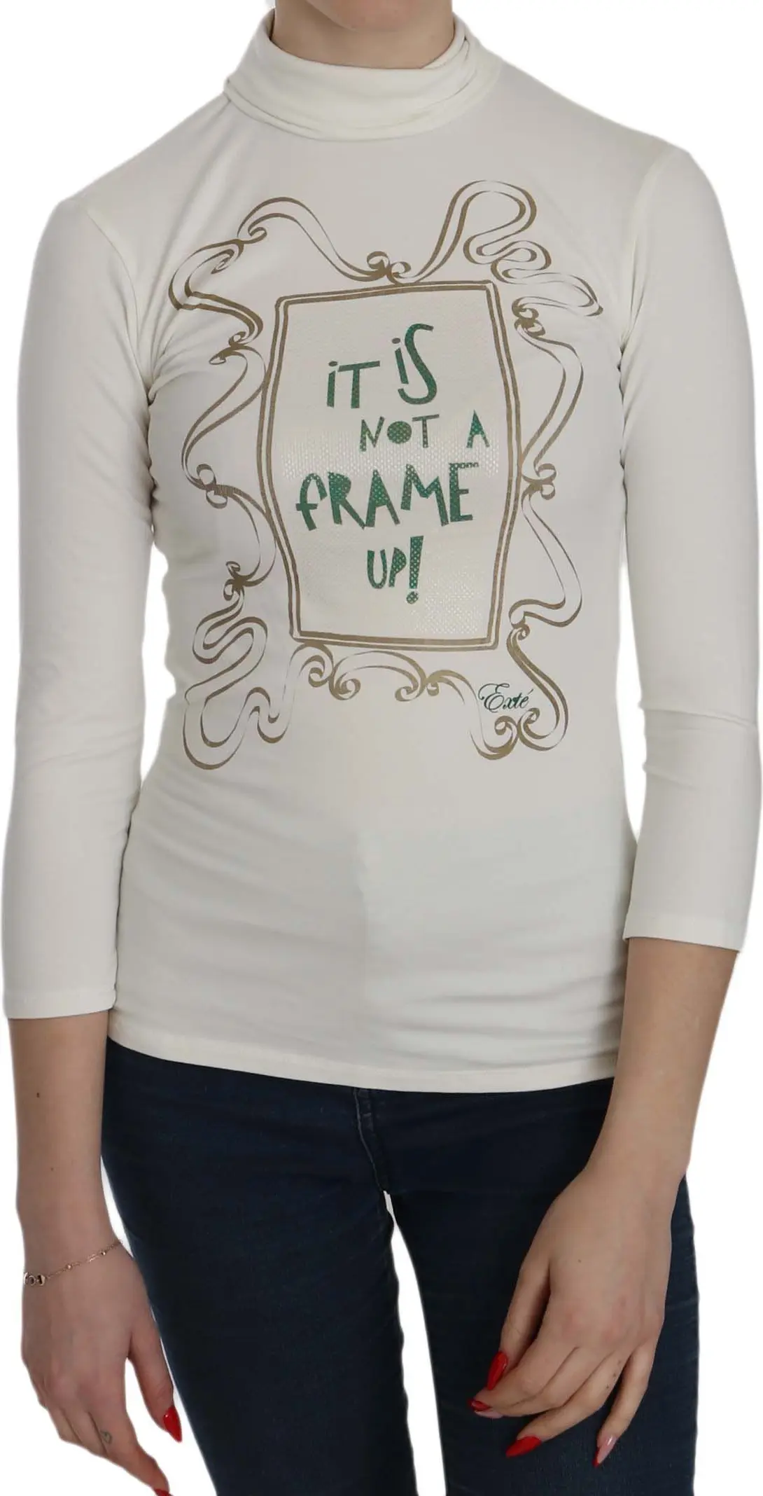 Blouse Exte White Printed Turtle Neck 3/4 Sleeve Top