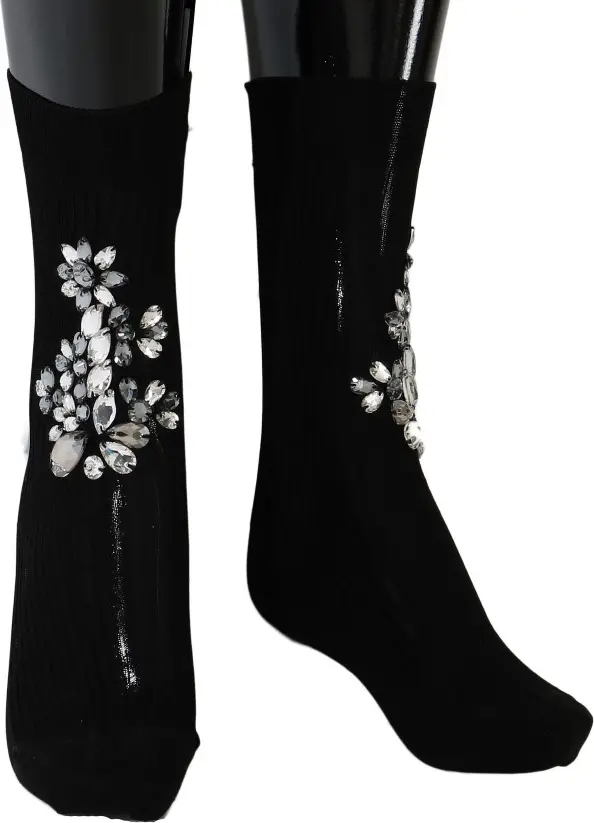 Носки Dolce & Gabbana Черные Вязанные с Цветочным Узором и Прозрачными Кристаллами