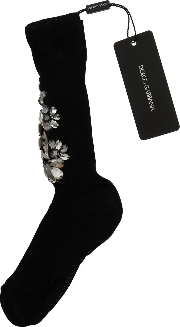 Носки Dolce & Gabbana Черные Вязанные с Цветочным Узором и Прозрачными Кристаллами
