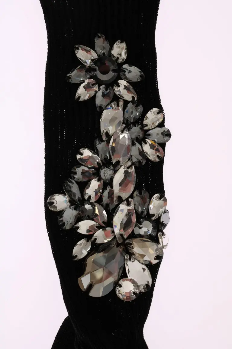 Носки Dolce & Gabbana Черные Вязанные с Цветочным Узором и Прозрачными Кристаллами
