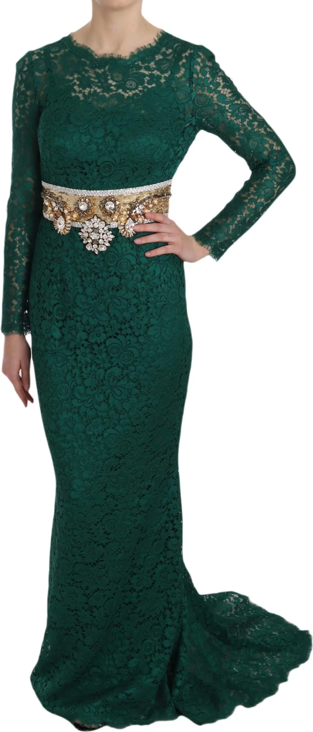 Sheath Gown Dress Dolce & Gabbana Crystal Gold Belt Lace