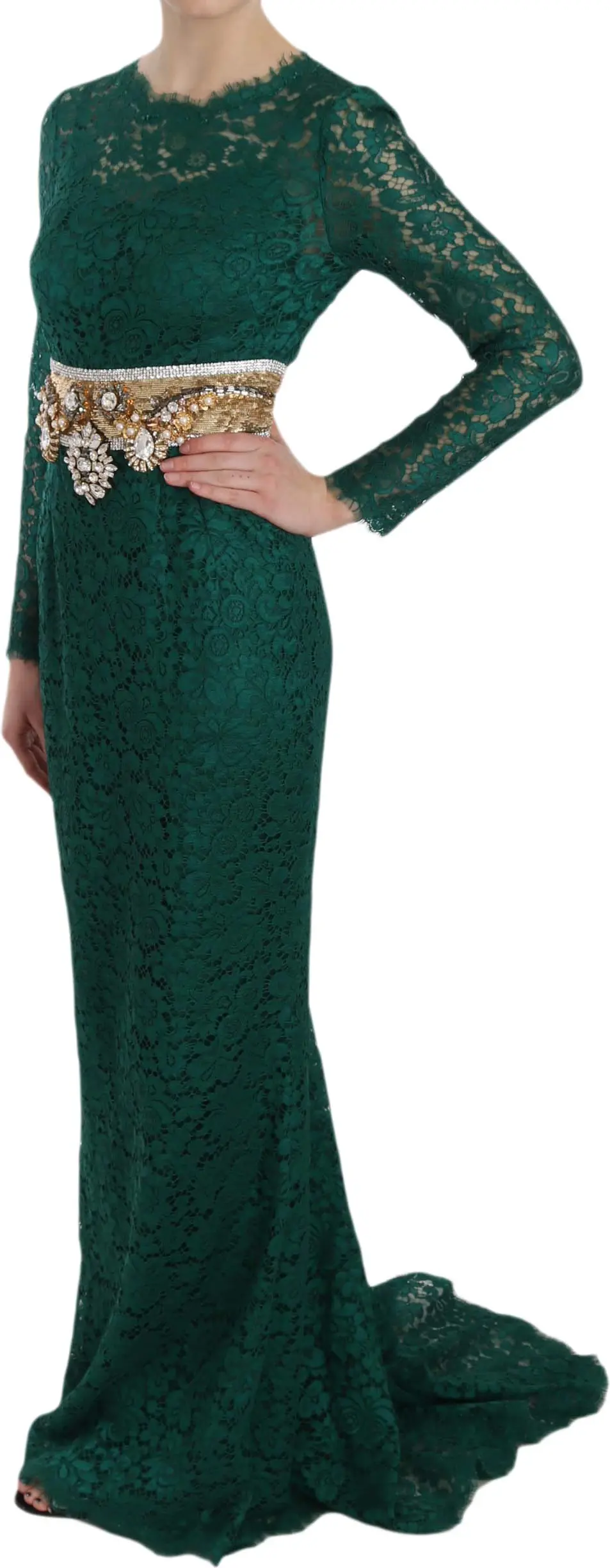 Sheath Gown Dress Dolce & Gabbana Crystal Gold Belt Lace