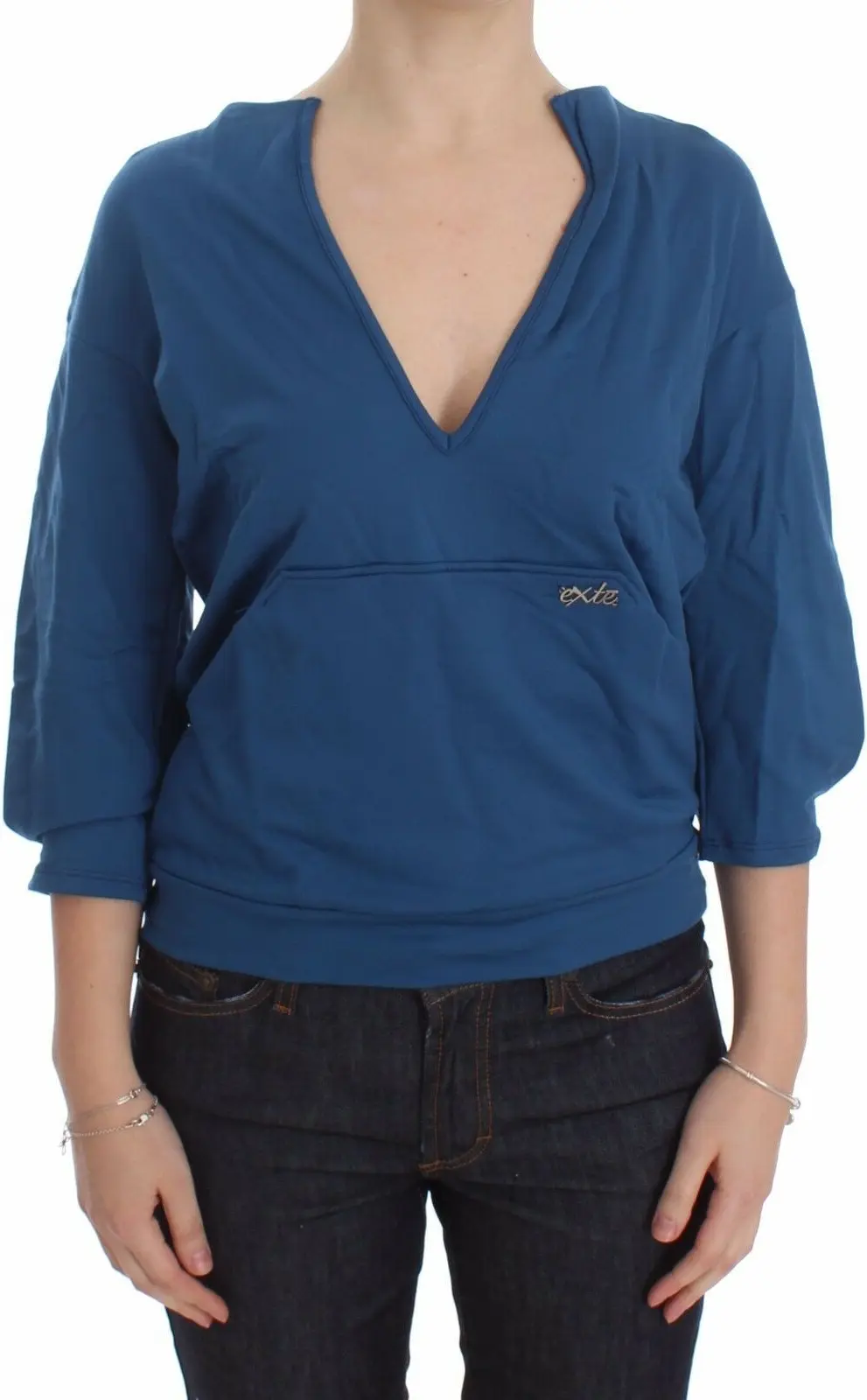 Sweater Exte Blue Cotton Top Pullover Deep V-neck Ayollar uchun sviter