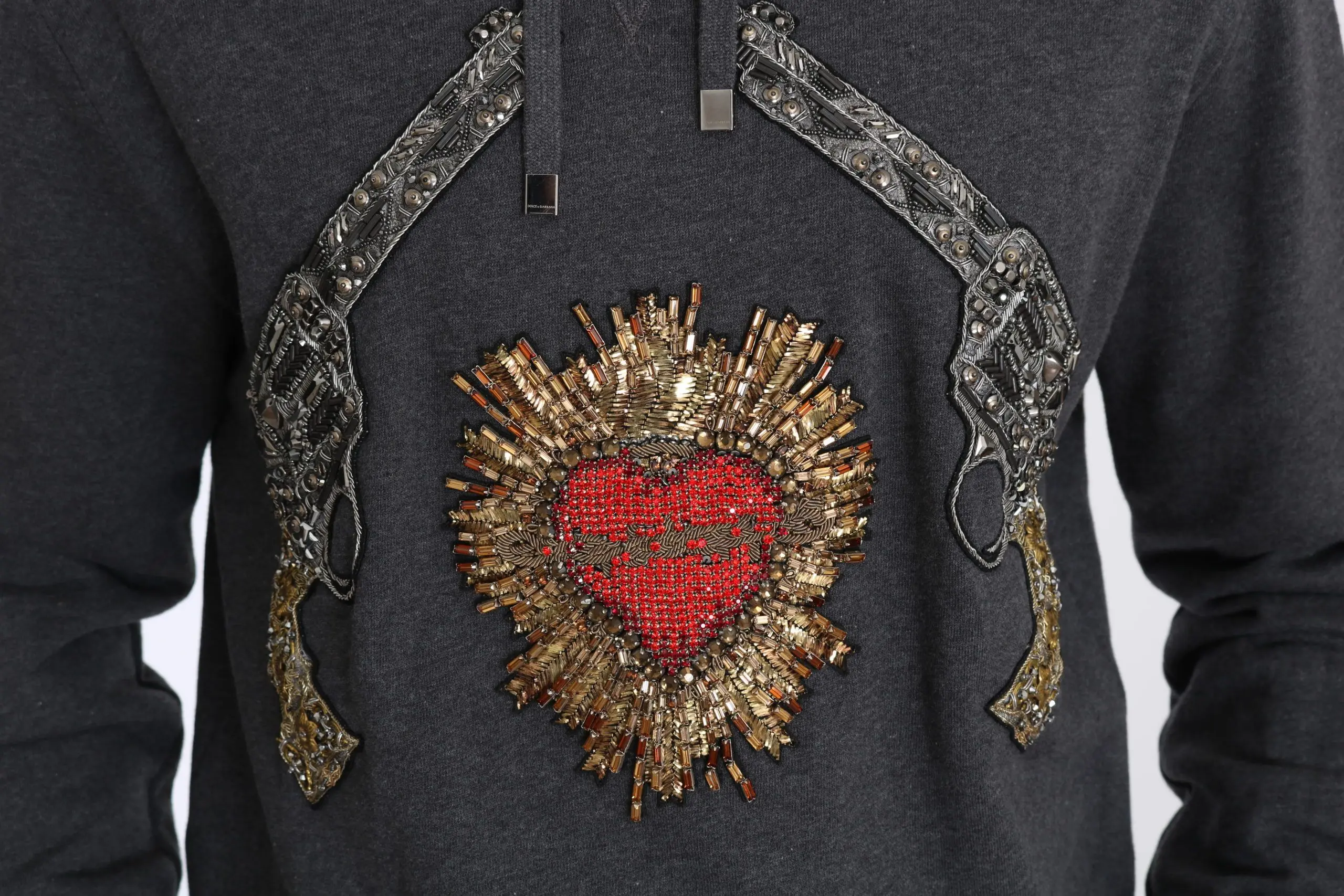 Пуловер Dolce & Gabbana Серый С Капюшоном Красное Сердце с Кристаллами и Пистолет