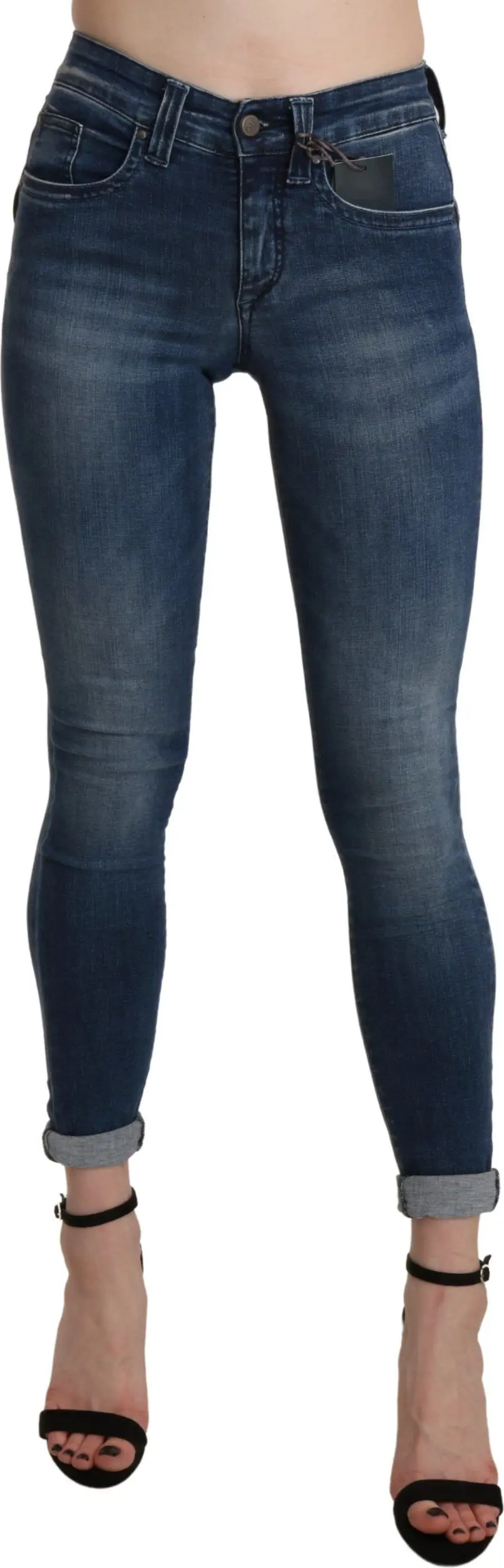 Ermanno Scervino Djins, Moviy yuvilgan, Baland bel, Tor, Oyoq qismi kesilgan, Paxta