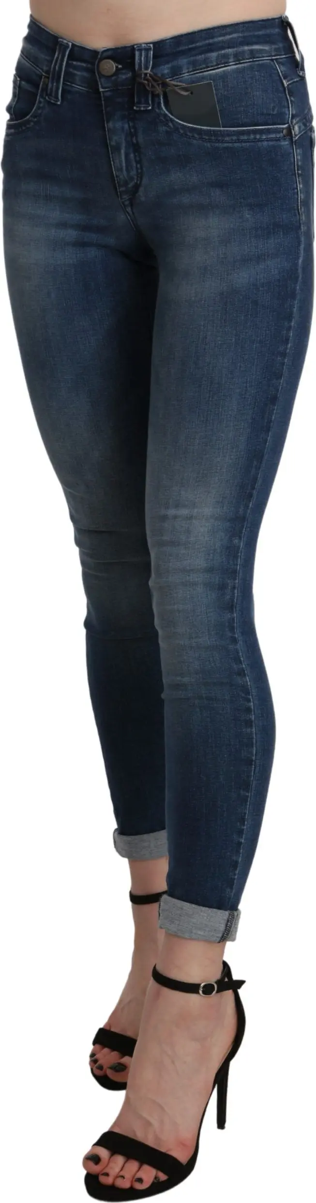 Ermanno Scervino Djins, Moviy yuvilgan, Baland bel, Tor, Oyoq qismi kesilgan, Paxta