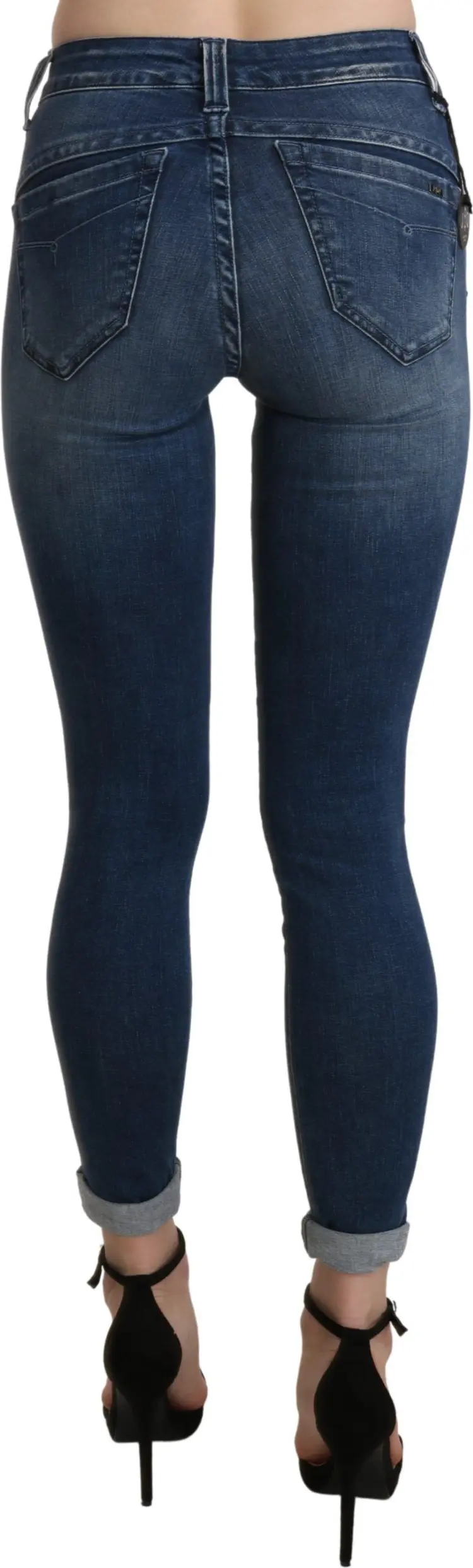Ermanno Scervino Djins, Moviy yuvilgan, Baland bel, Tor, Oyoq qismi kesilgan, Paxta
