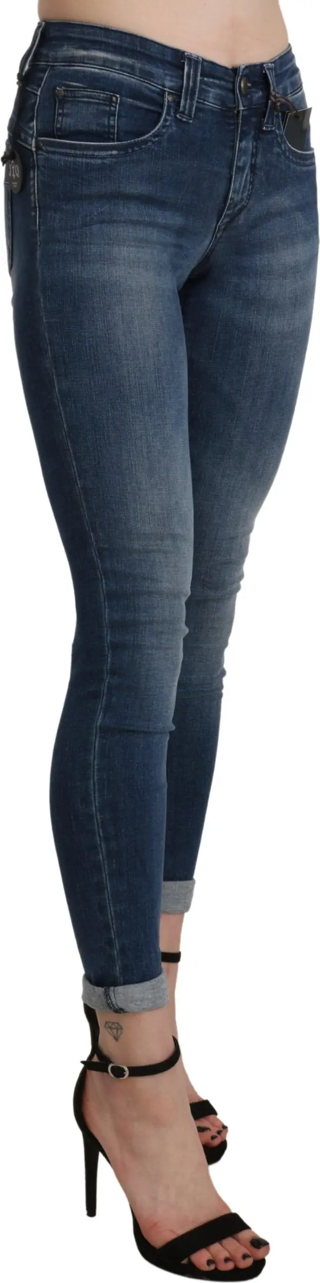 Ermanno Scervino Djins, Moviy yuvilgan, Baland bel, Tor, Oyoq qismi kesilgan, Paxta