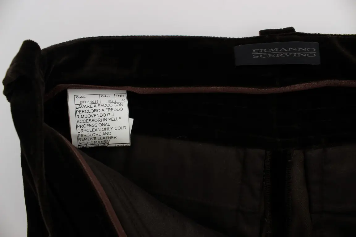 Pants Ermanno Scervino Brown Cotton Velvet Zippers Slim Fit
