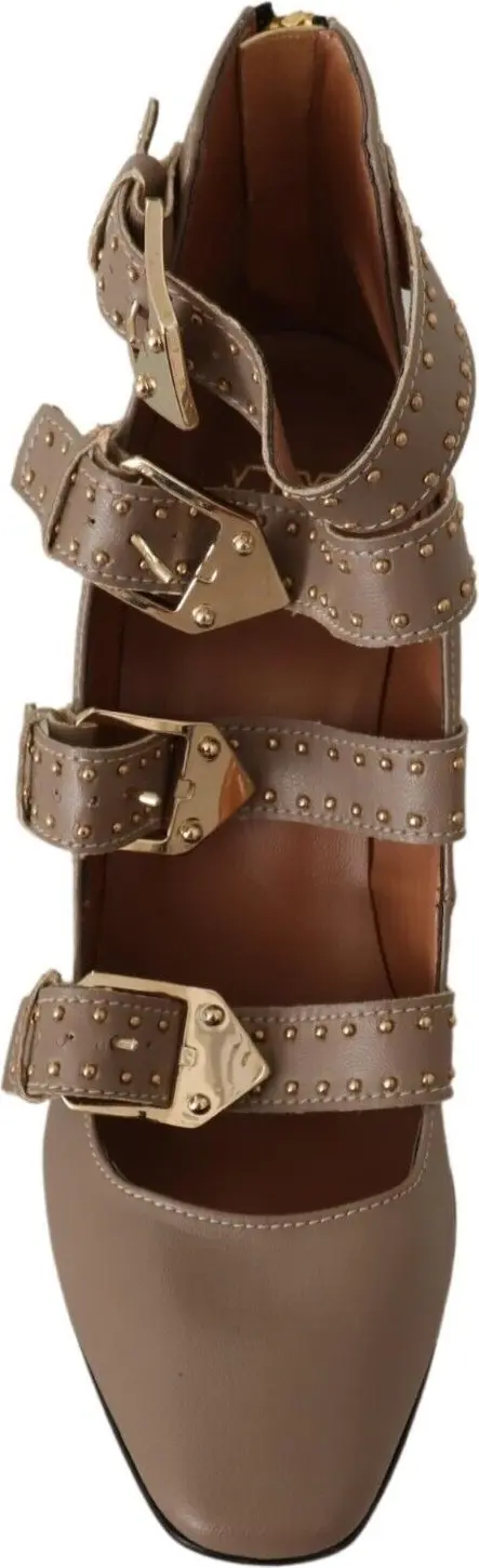 Shoes MY TWIN TWINSET Brown Leather Block Heels Multi Buckle Pumps