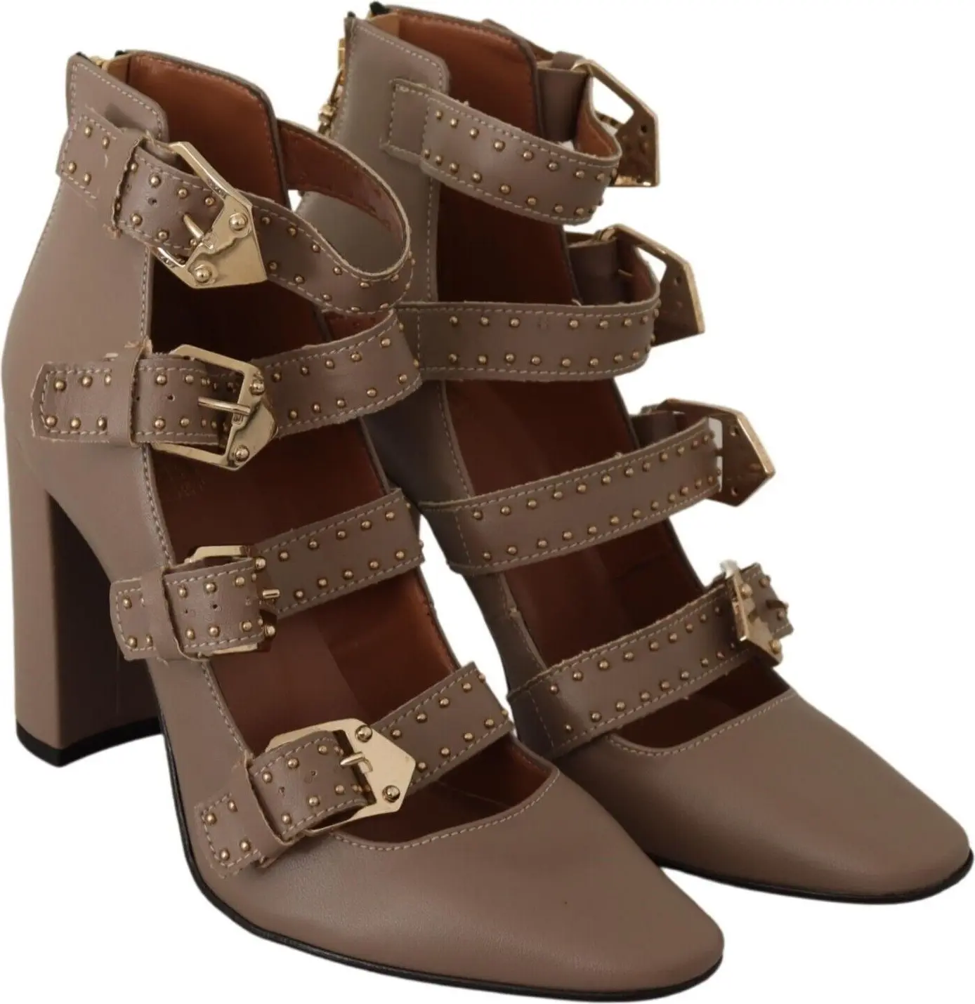 Shoes MY TWIN TWINSET Brown Leather Block Heels Multi Buckle Pumps