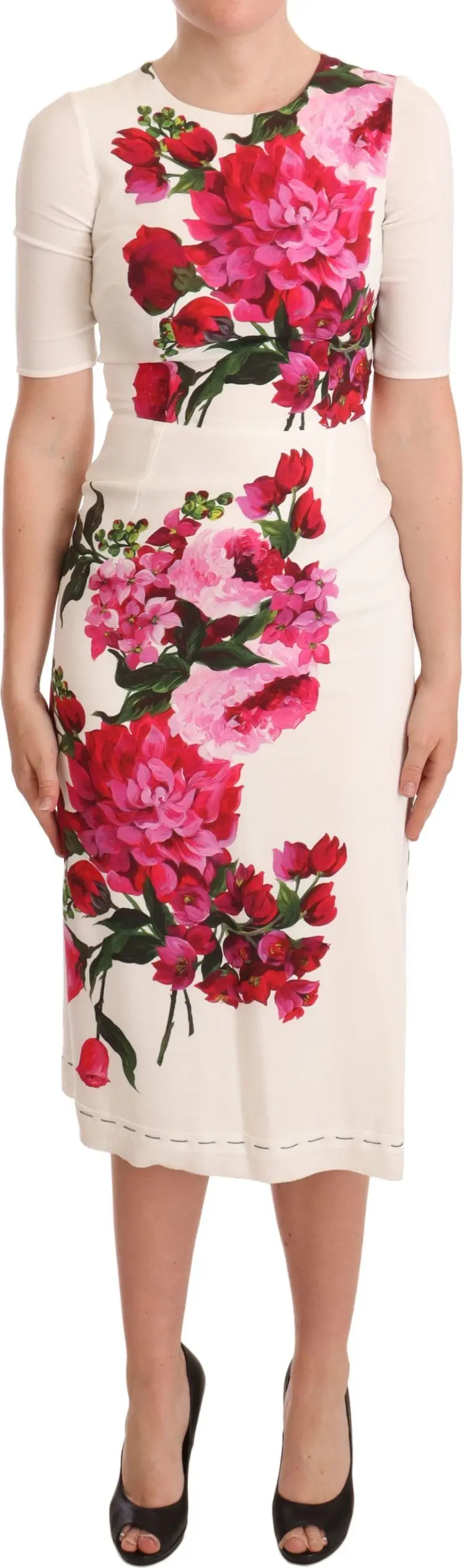 Dress Dolce & Gabbana White Floral Printed Crepe Midi Slit