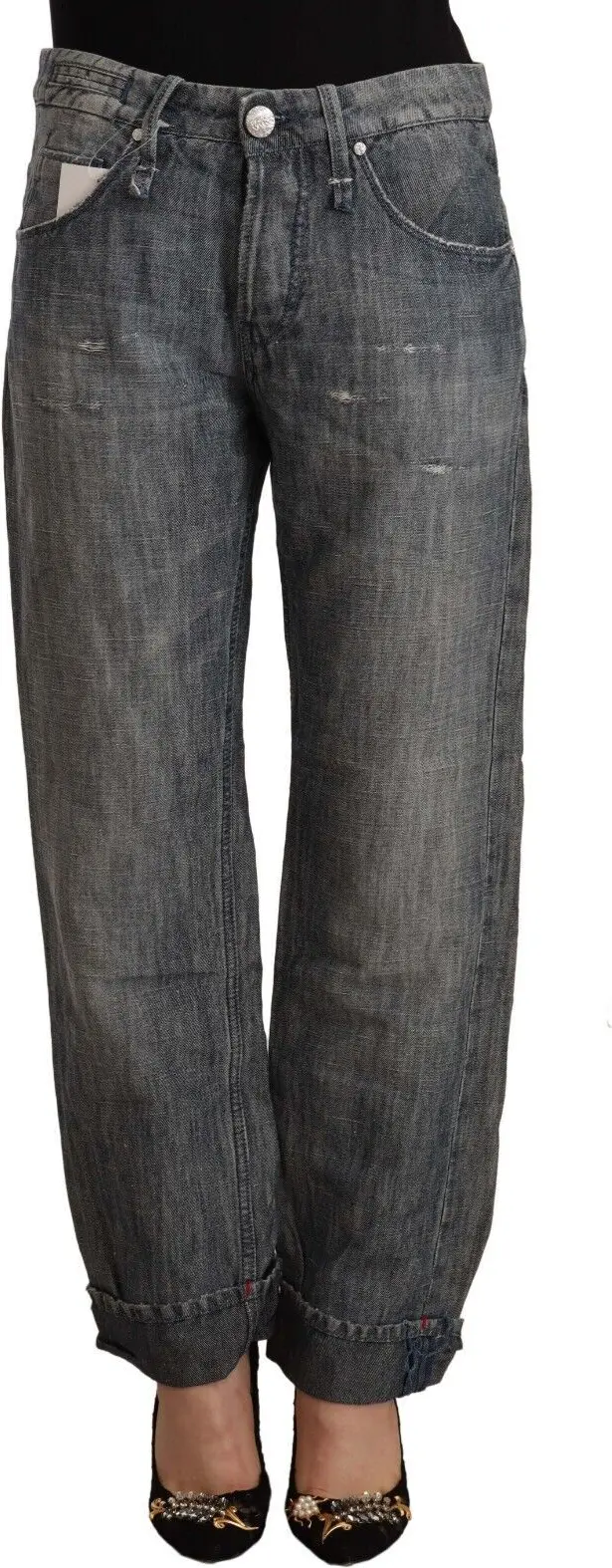 Jeans Yacht Gray Washed Ramie Straight Denim Folded Hem Jeans