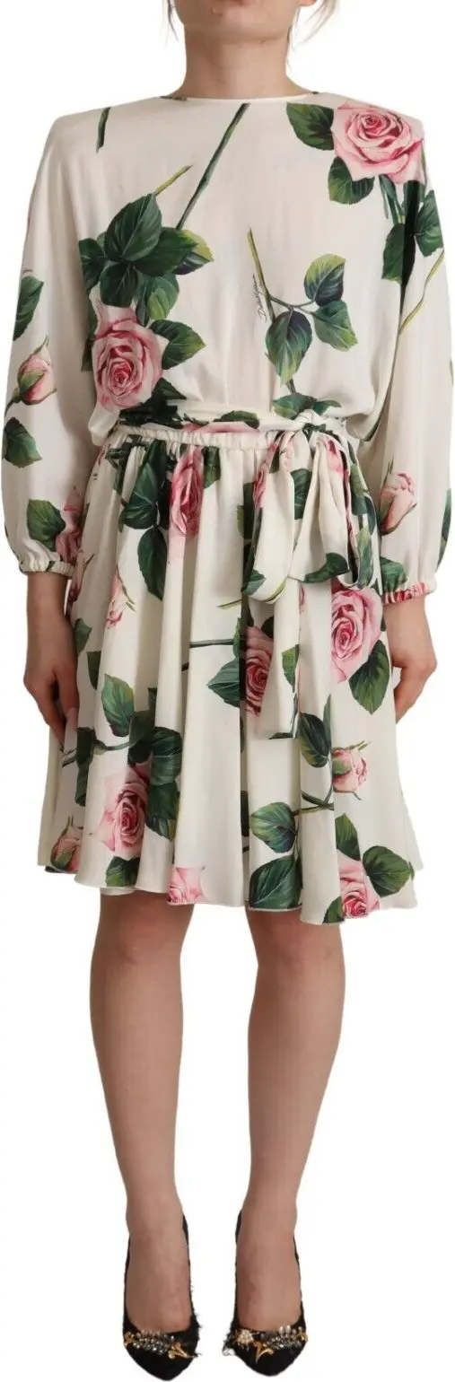 Dress Dolce & Gabbana White Rose Print Long Sleeves A-line Dress