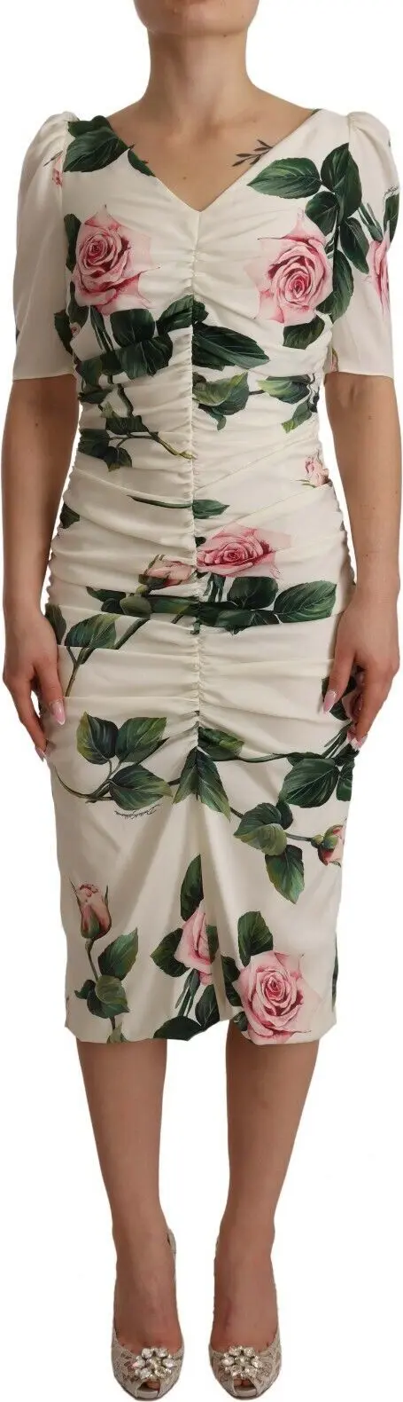 Платье Dolce & Gabbana из стрейчевого шелка с плиссировкой и принтом «Белые розы»