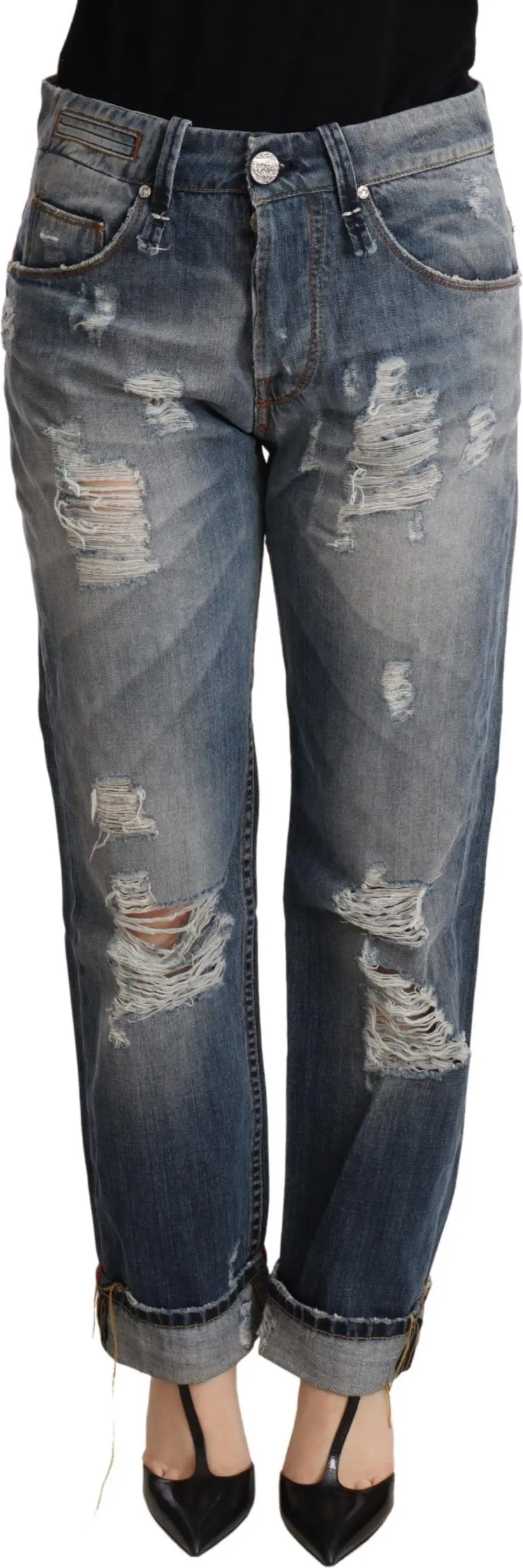 Blue Tattered Mid Waist Straight Denim Trouser Yacht