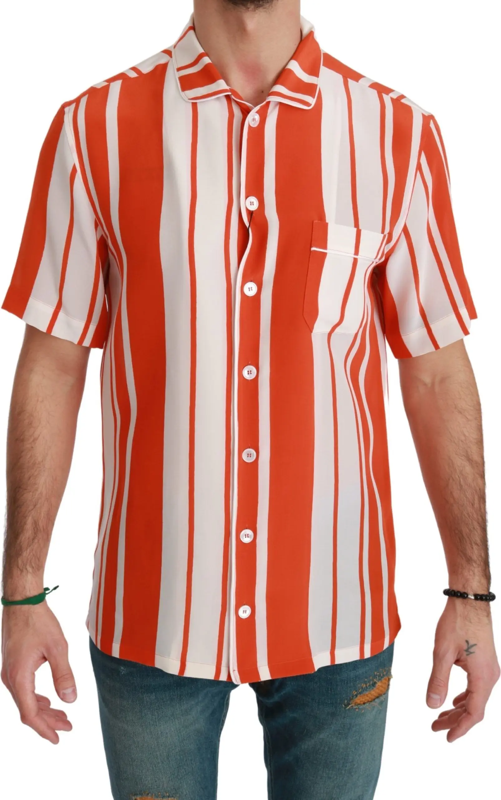 Shirt Dolce & Gabbana Orange Silk Striped Short Sleeve White Shirt