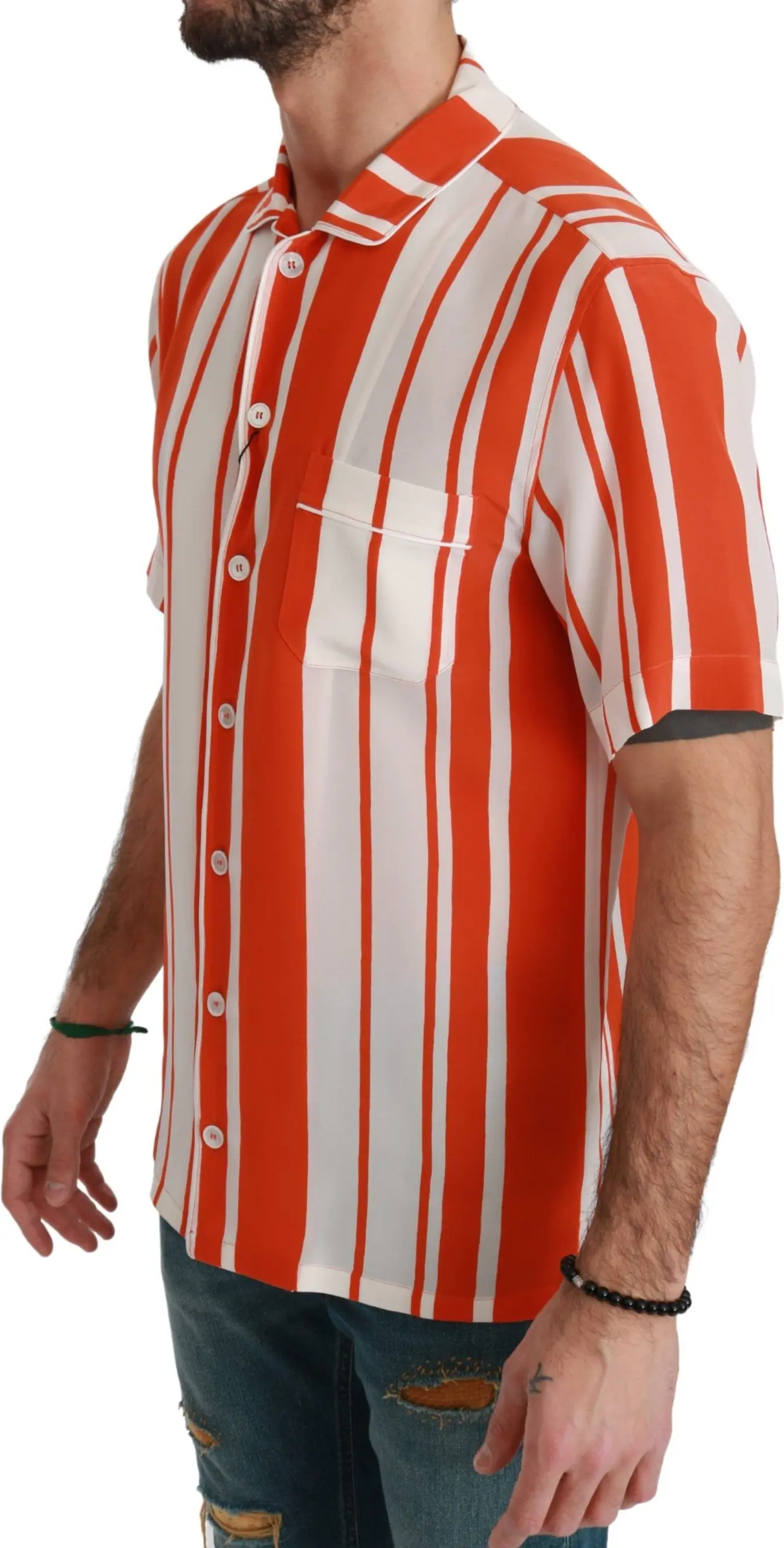 Shirt Dolce & Gabbana Orange Silk Striped Short Sleeve White Shirt