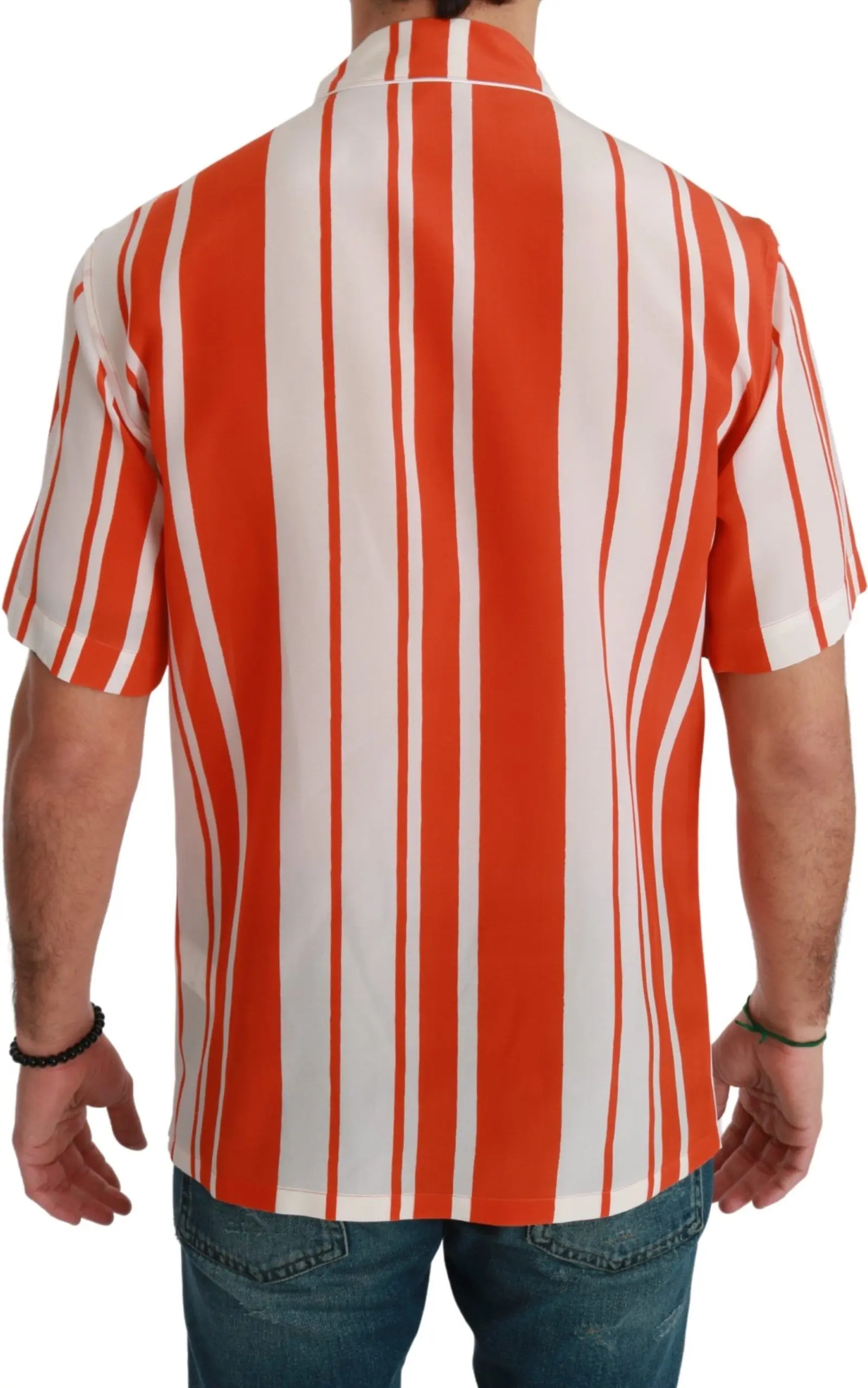 Shirt Dolce & Gabbana Orange Silk Striped Short Sleeve White Shirt