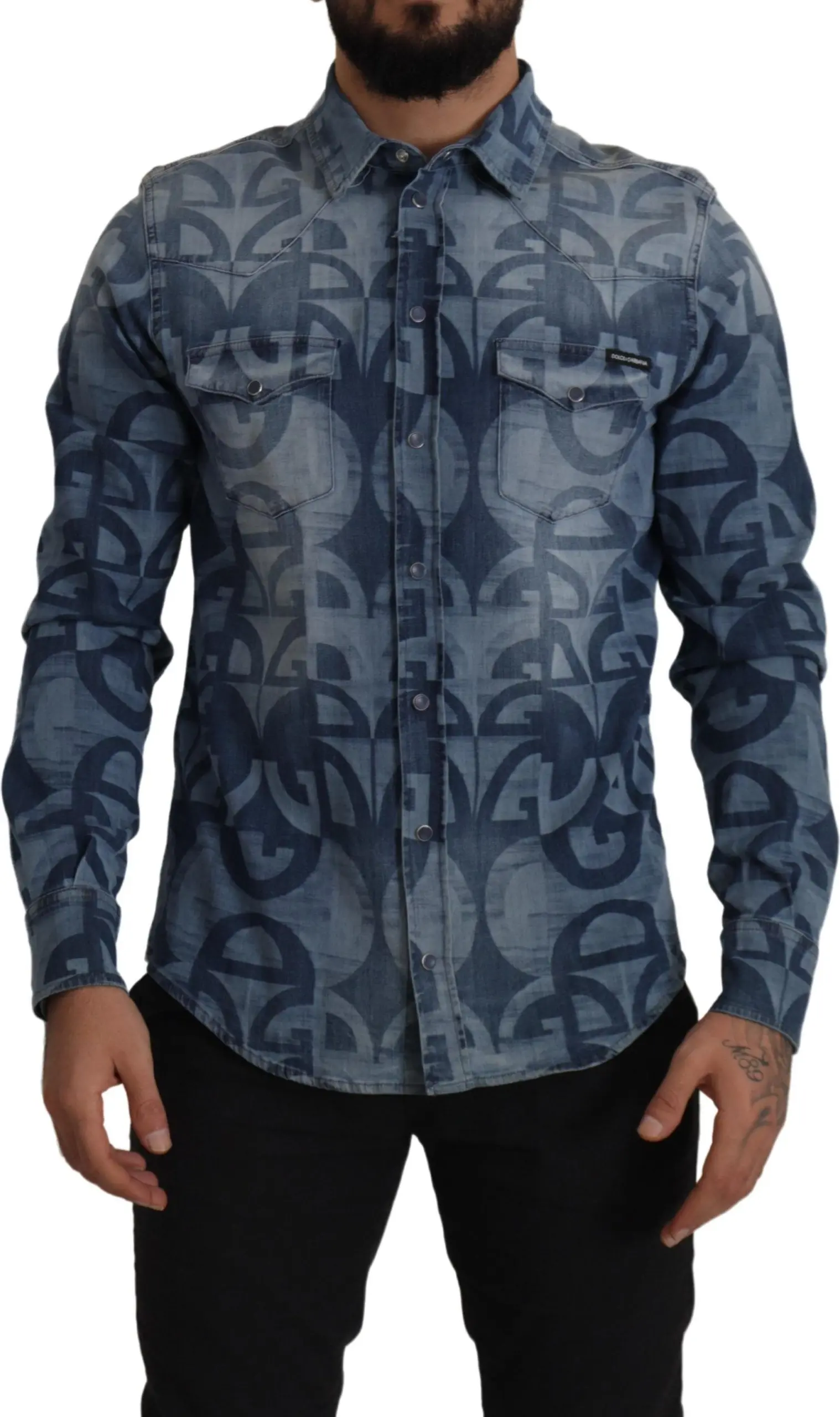Shirt Dolce & Gabbana Blue Denim Stretch DG Logo Casual Mens Slim Shirt