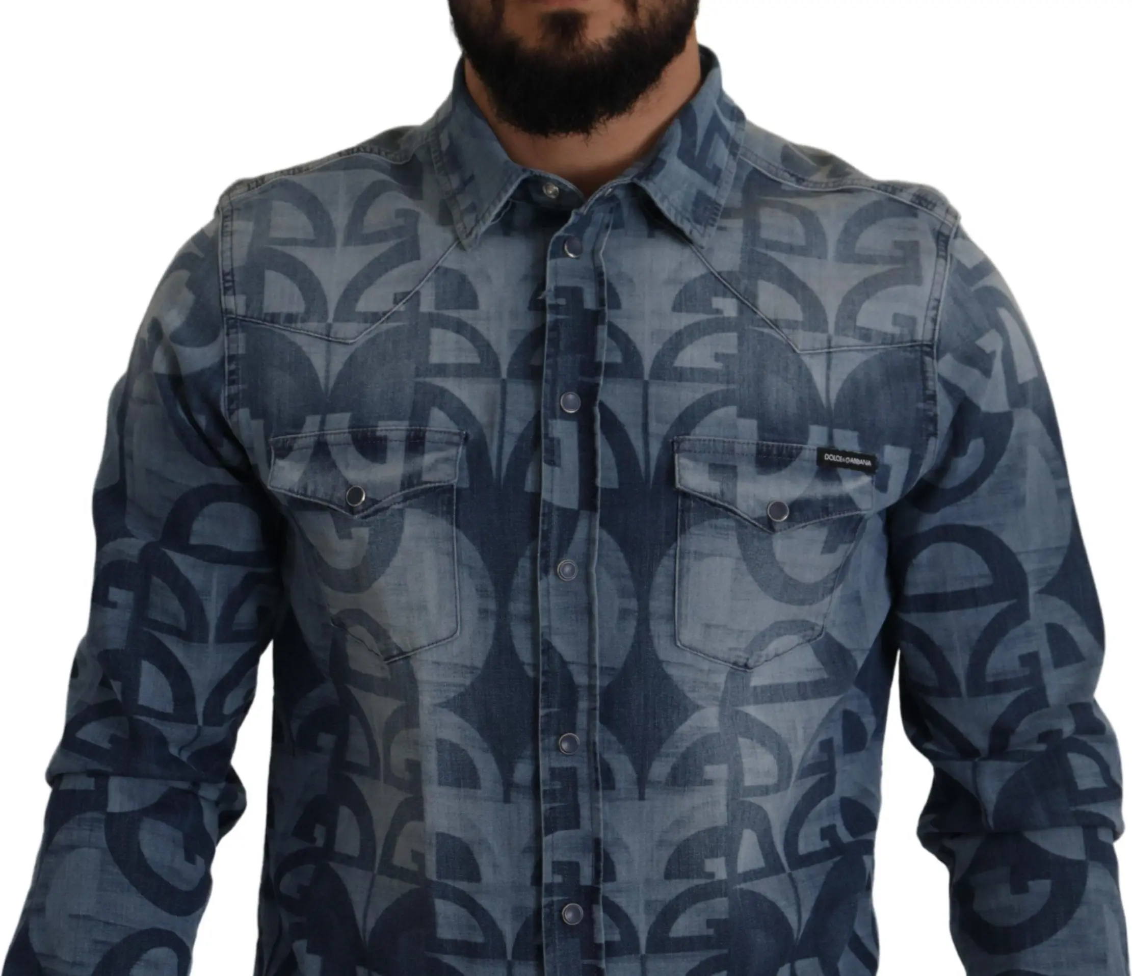 Dolce & Gabbana ko'k denim strech ko'ylagi DG logotipi bilan erkaklar uchun shimdirilgan kiyim