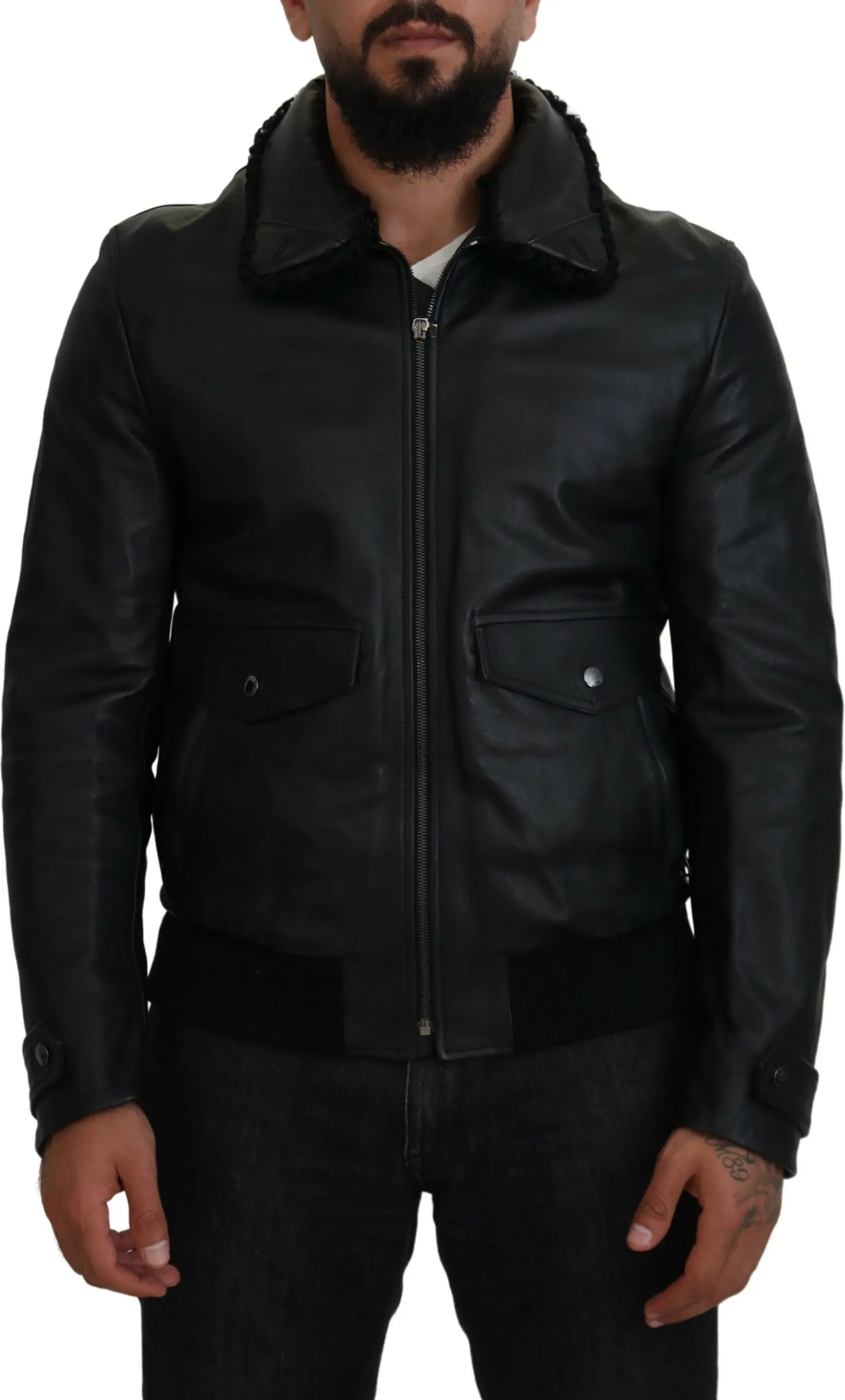 Jacket Dolce & Gabbana Black Lamb Leather Collared Men Coat Jacket