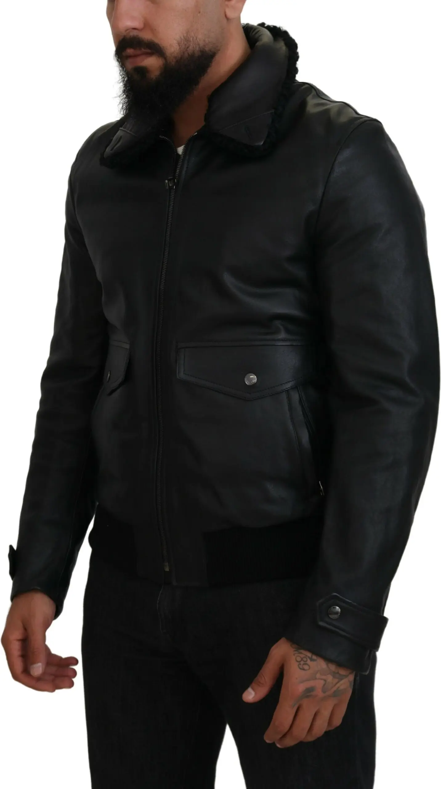 Jacket Dolce & Gabbana Black Lamb Leather Collared Men Coat Jacket