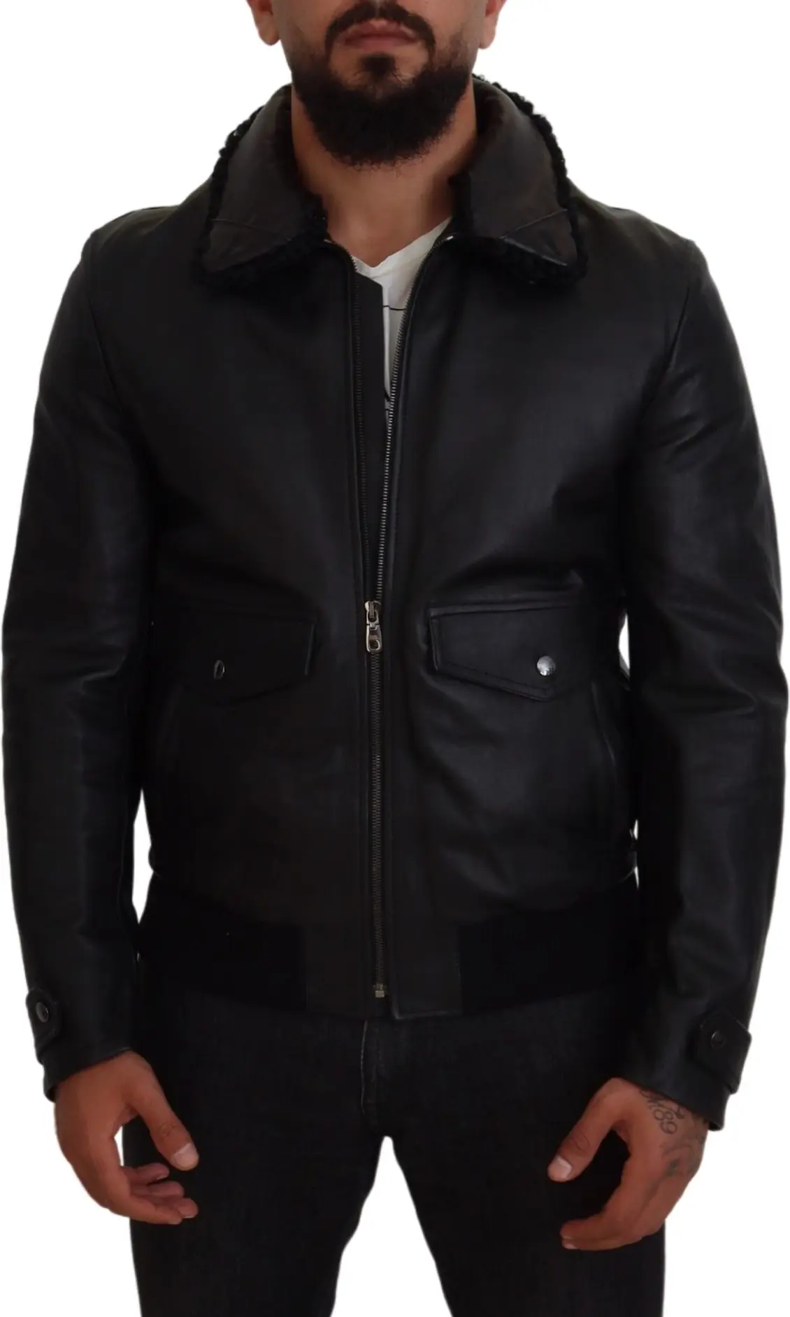 Jacket Dolce & Gabbana Black Lamb Leather Collared Men Coat Jacket