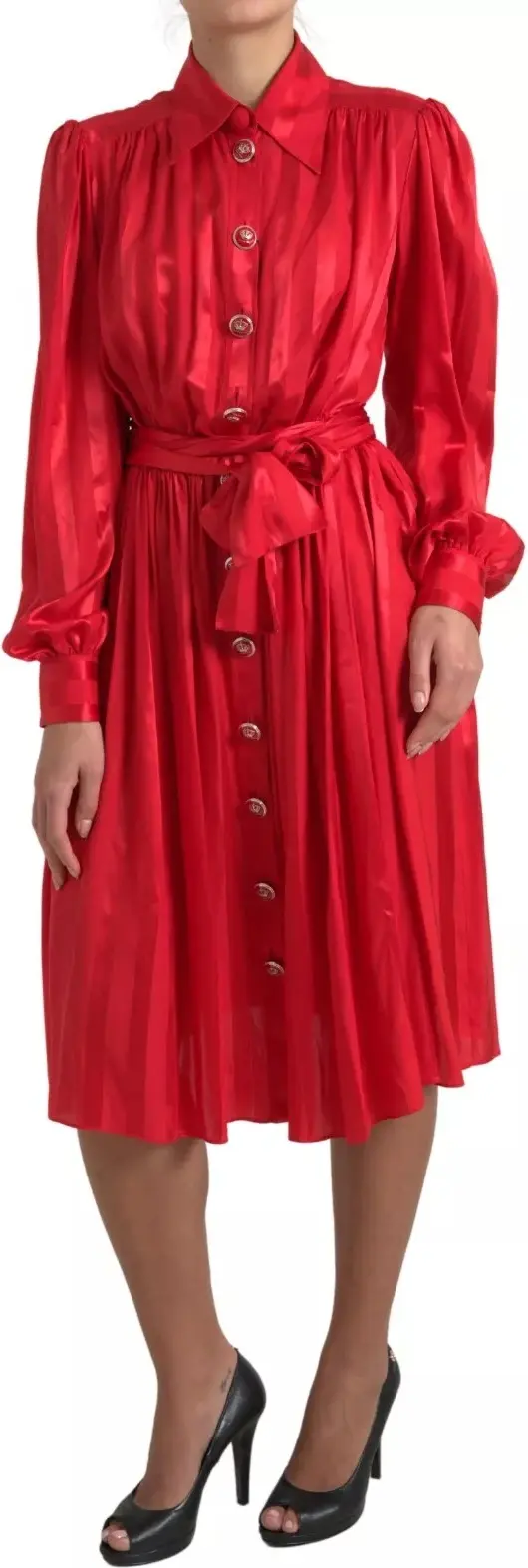 Midi Dress Dolce & Gabbana Red Button Down Belted Satin Silk Dress