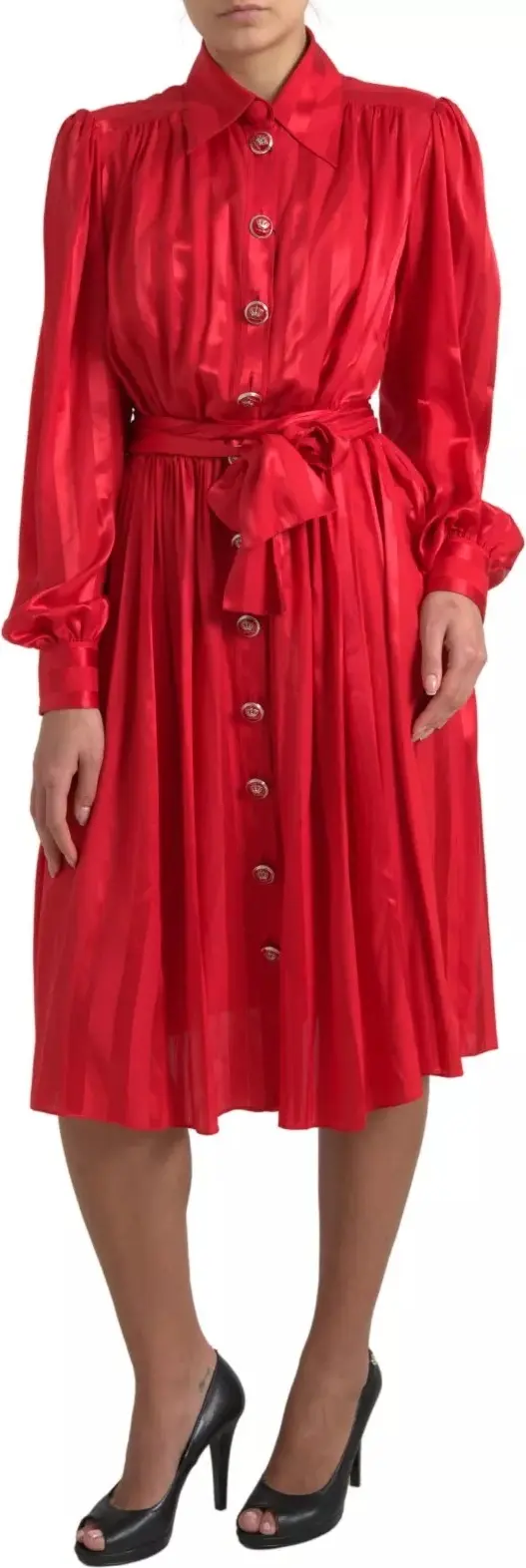 Midi Dress Dolce & Gabbana Red Button Down Belted Satin Silk Dress