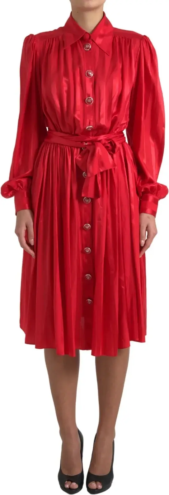 Midi Dress Dolce & Gabbana Red Button Down Belted Satin Silk Dress