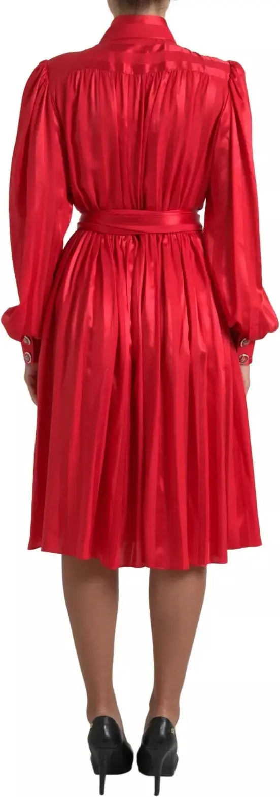 Midi Dress Dolce & Gabbana Red Button Down Belted Satin Silk Dress