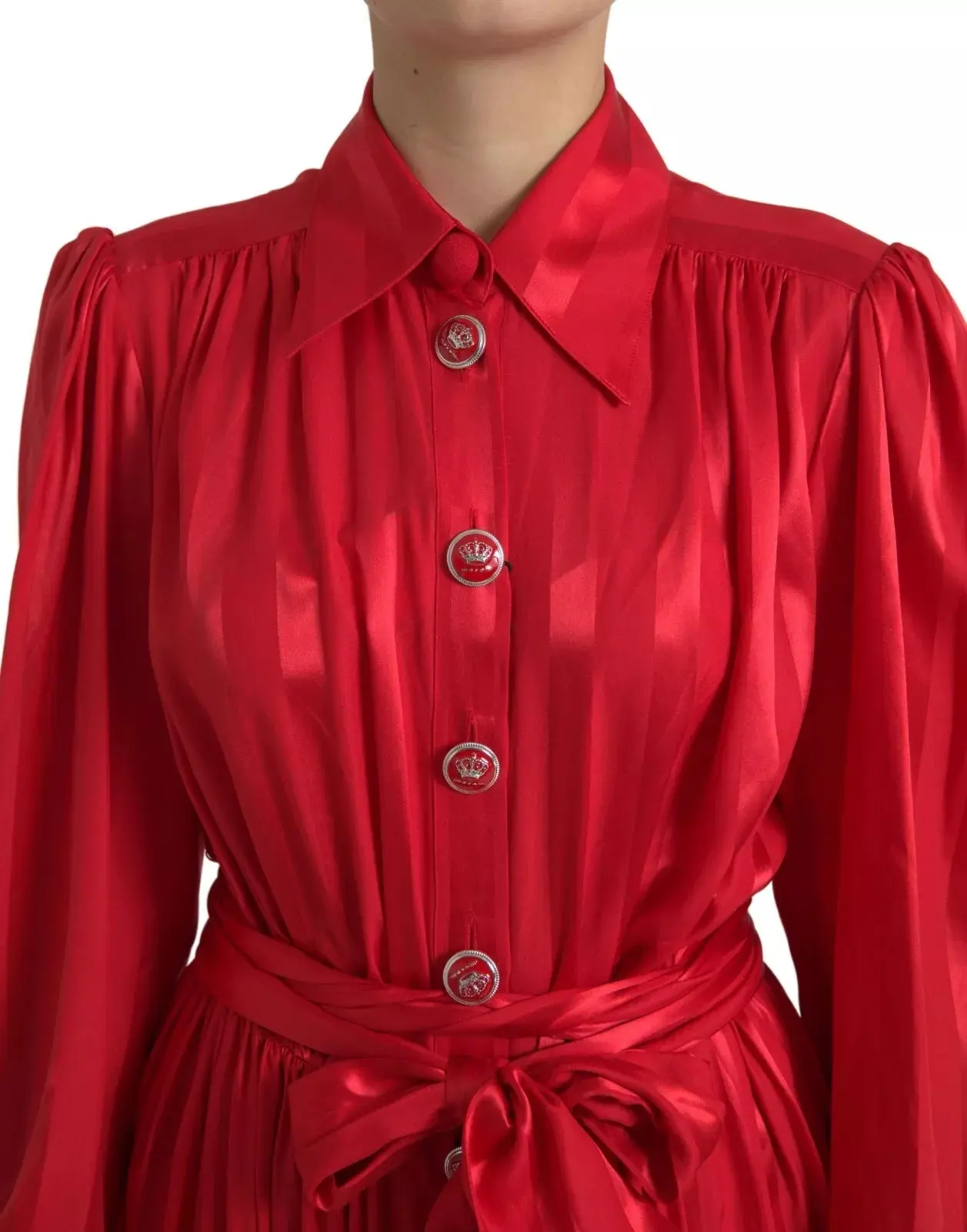 Midi Dress Dolce & Gabbana Red Button Down Belted Satin Silk Dress