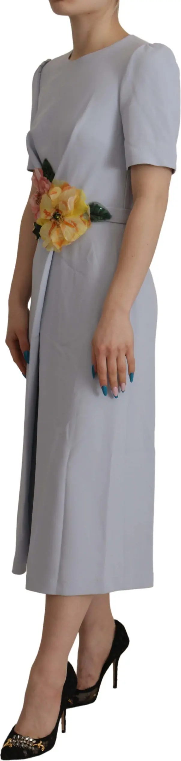 Dress Dolce & Gabbana Blue Floral Applique Midi Viscose Dress