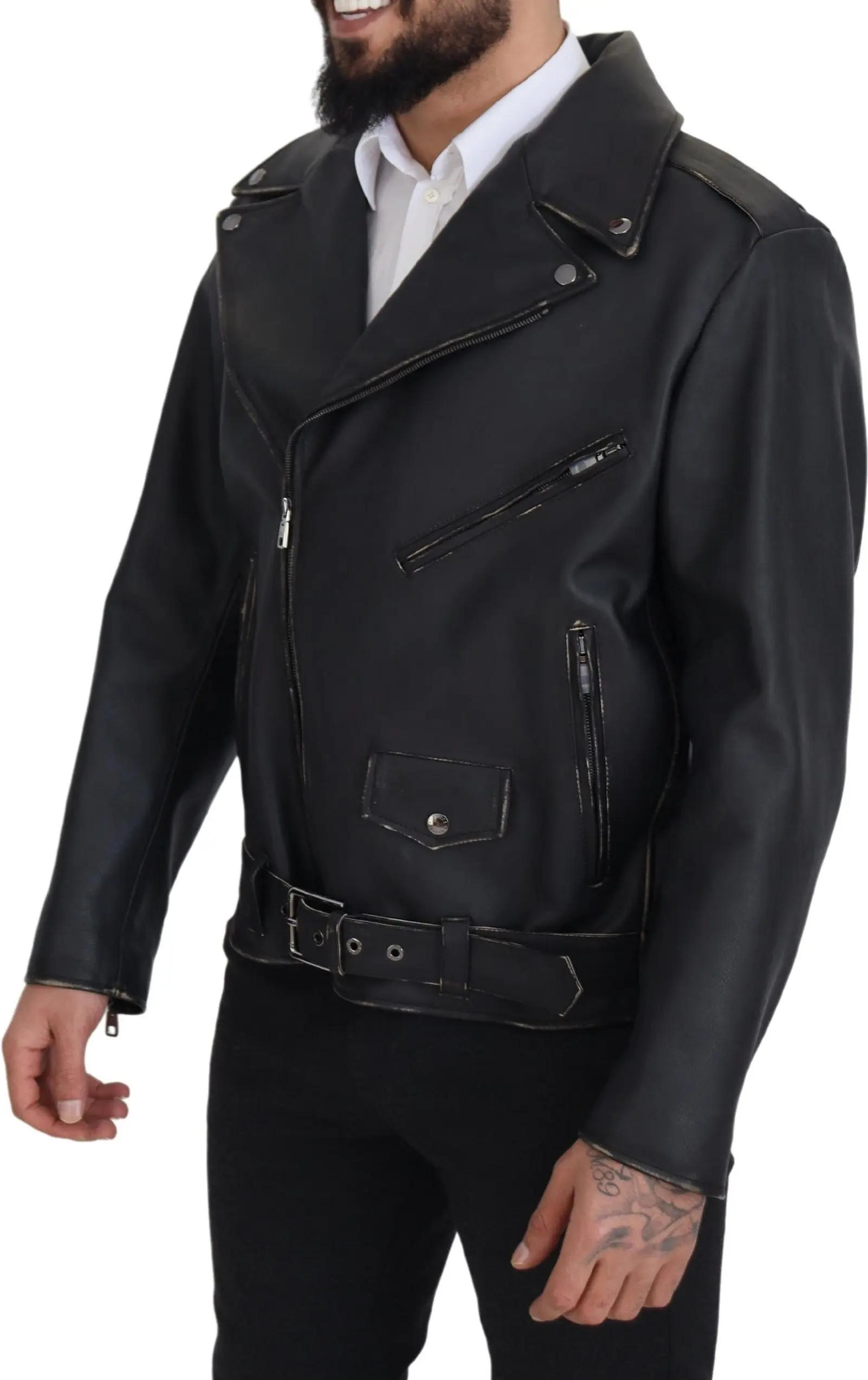 Jacket Dolce & Gabbana Black Leather Biker Coat Zipper Jacket