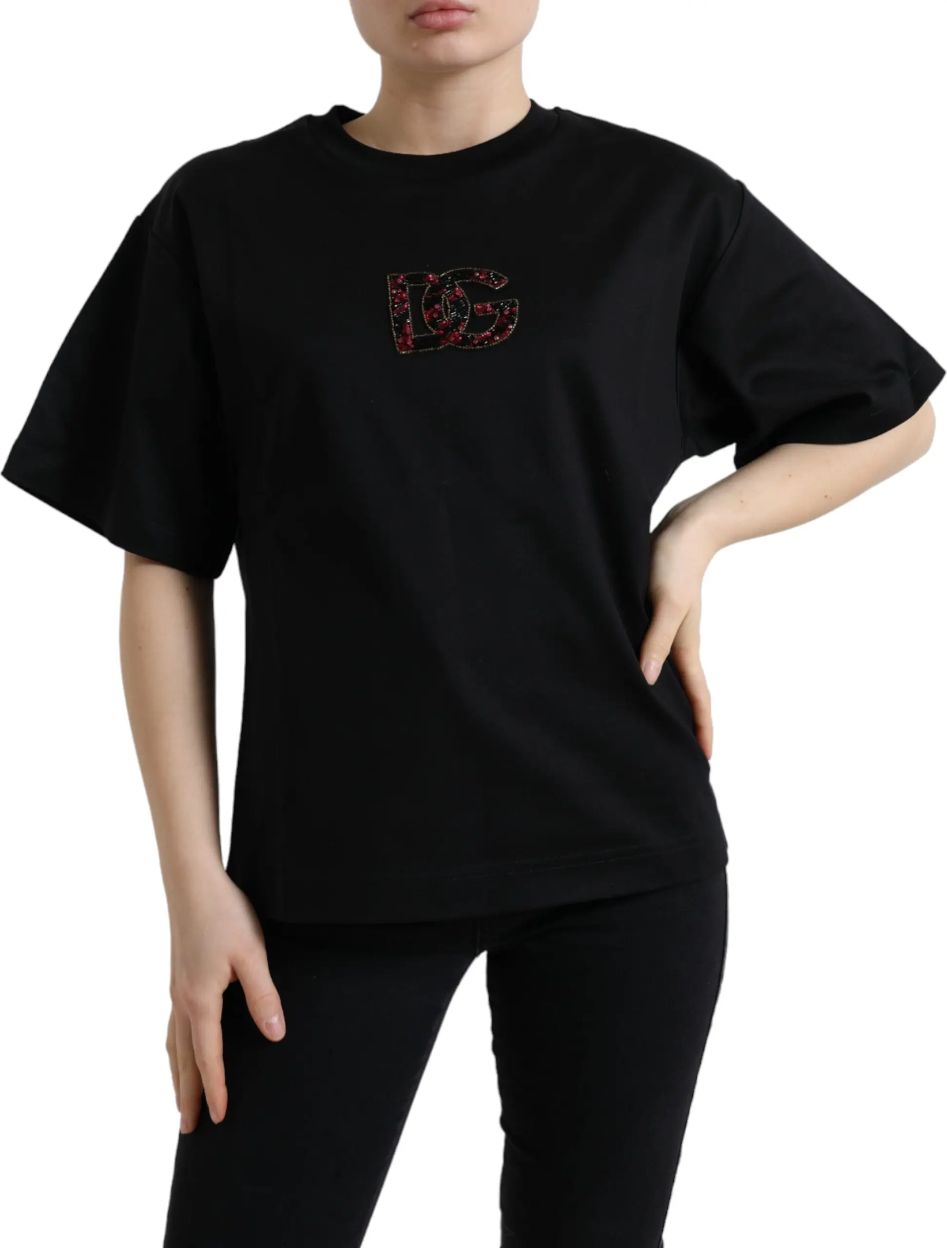 Футболка Dolce & Gabbana Черный Хлопок Кристалл Круглый Вырез