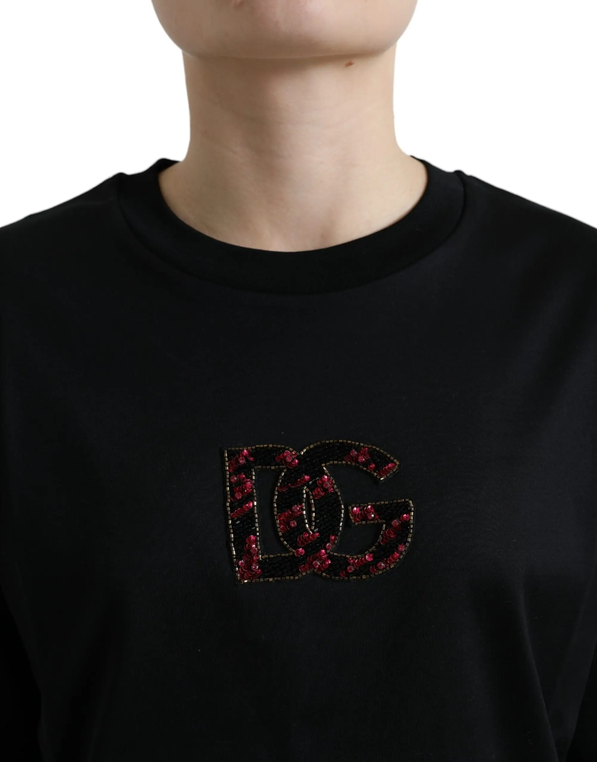Футболка Dolce & Gabbana Черный Хлопок Кристалл Круглый Вырез