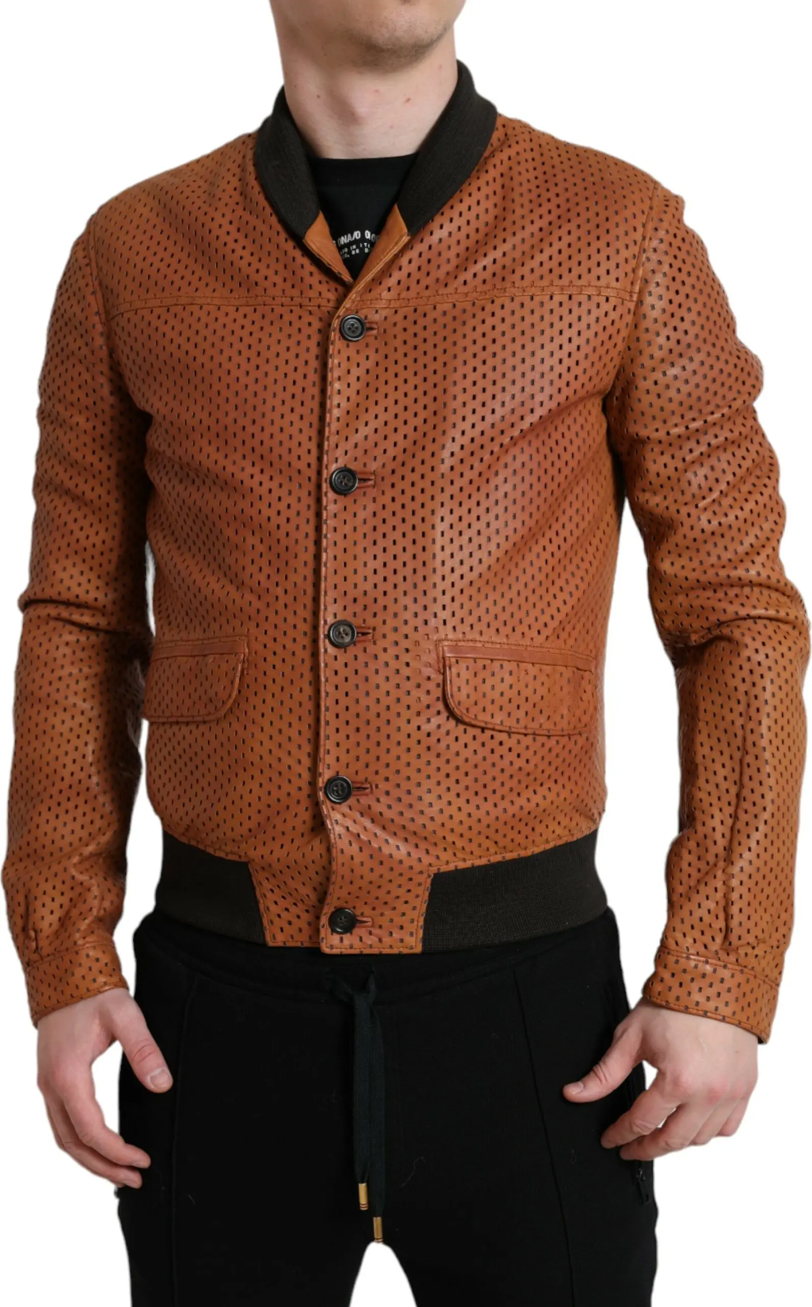 Jacket Dolce & Gabbana Brown Lambskin Leather Perforated Jacket