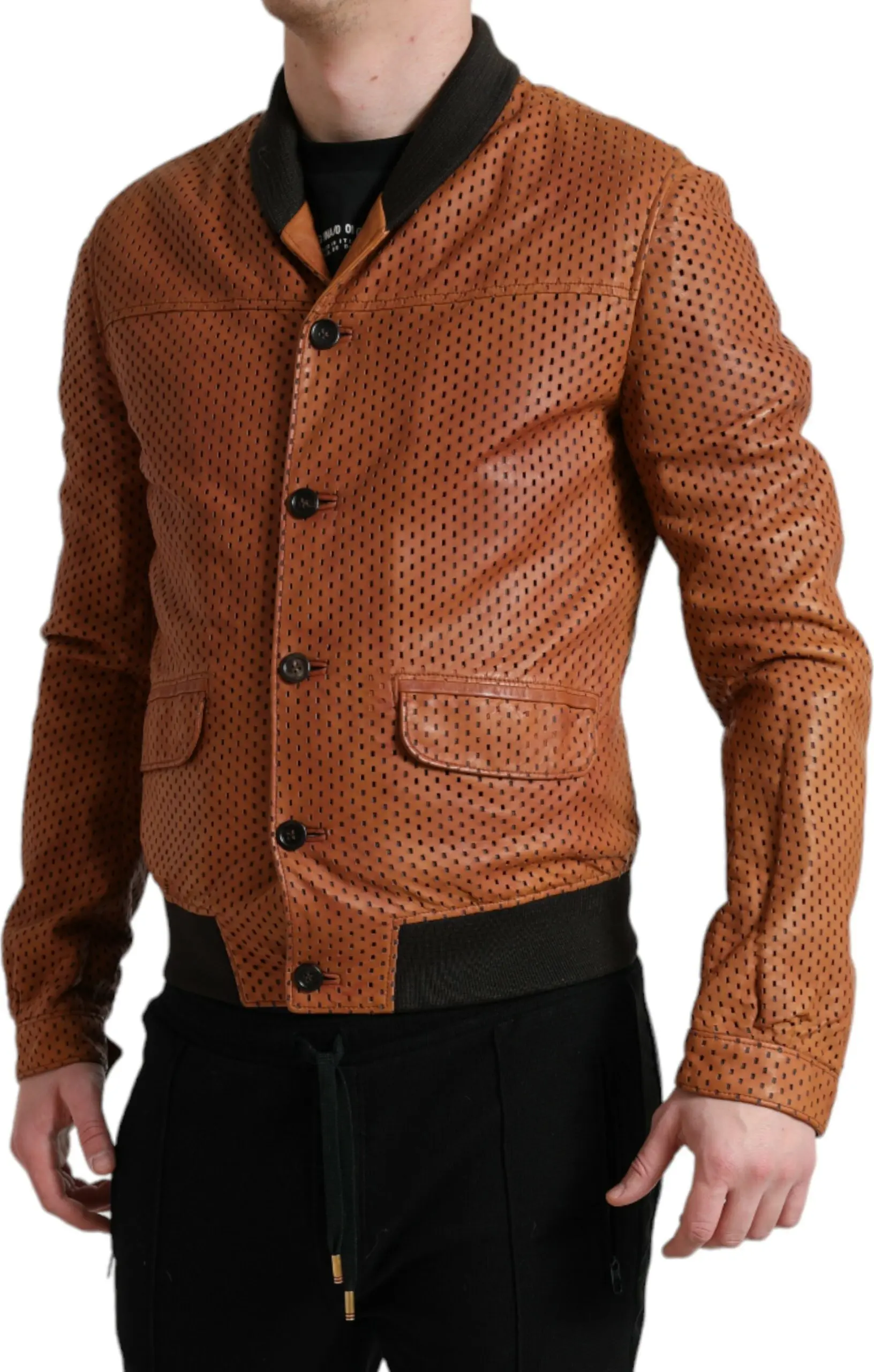 Jacket Dolce & Gabbana Brown Lambskin Leather Perforated Jacket