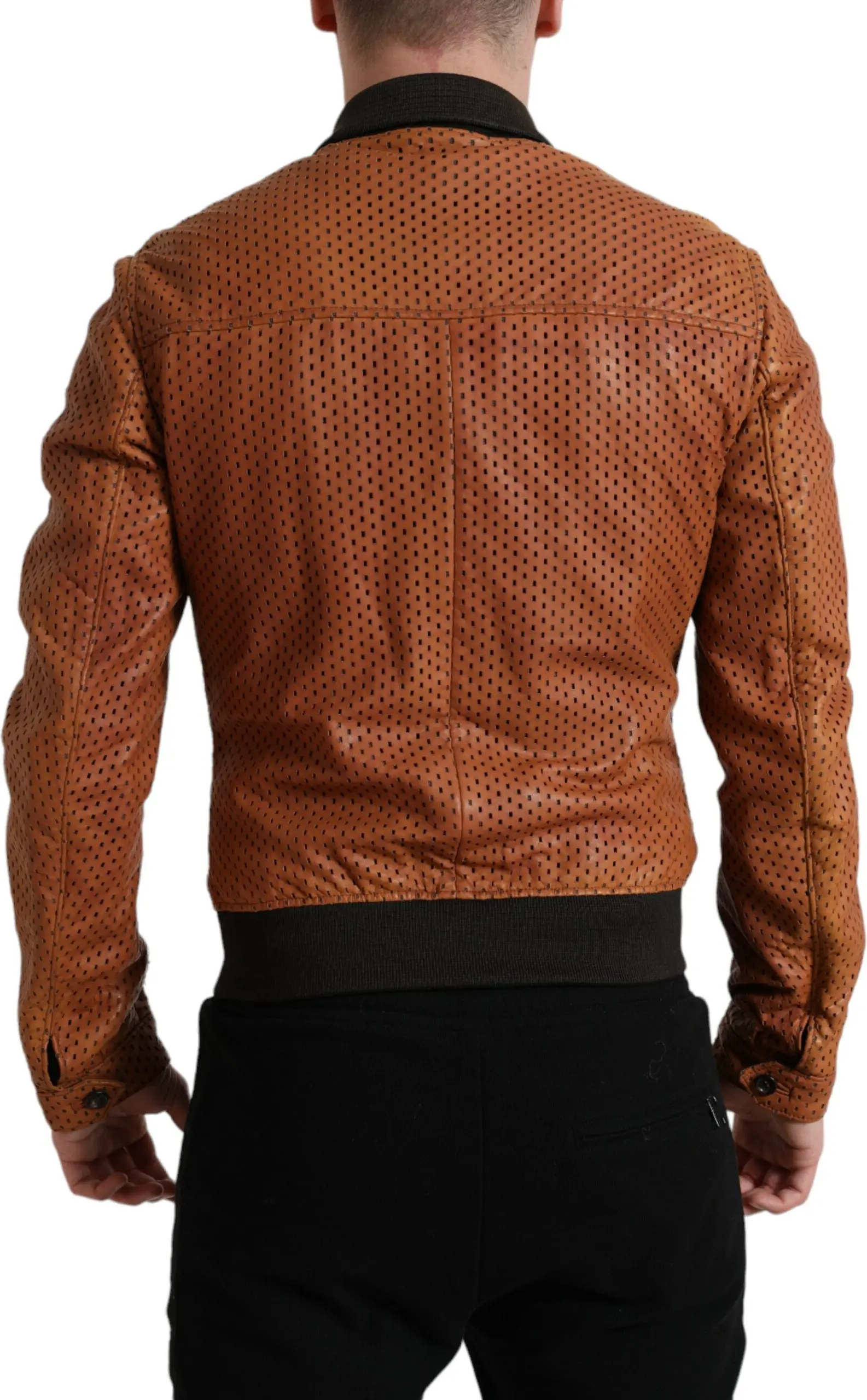Jacket Dolce & Gabbana Brown Lambskin Leather Perforated Jacket