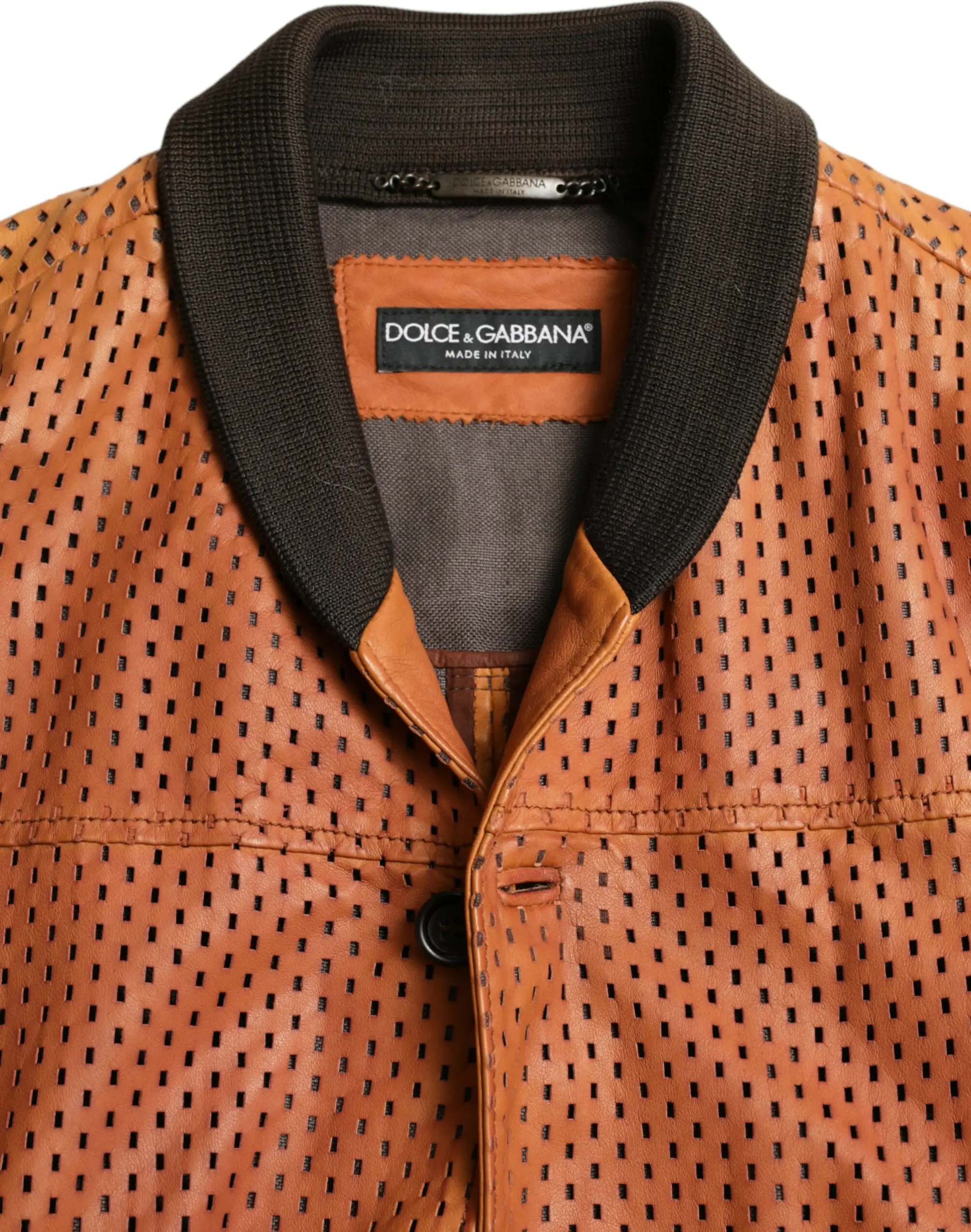 Jacket Dolce & Gabbana Brown Lambskin Leather Perforated Jacket