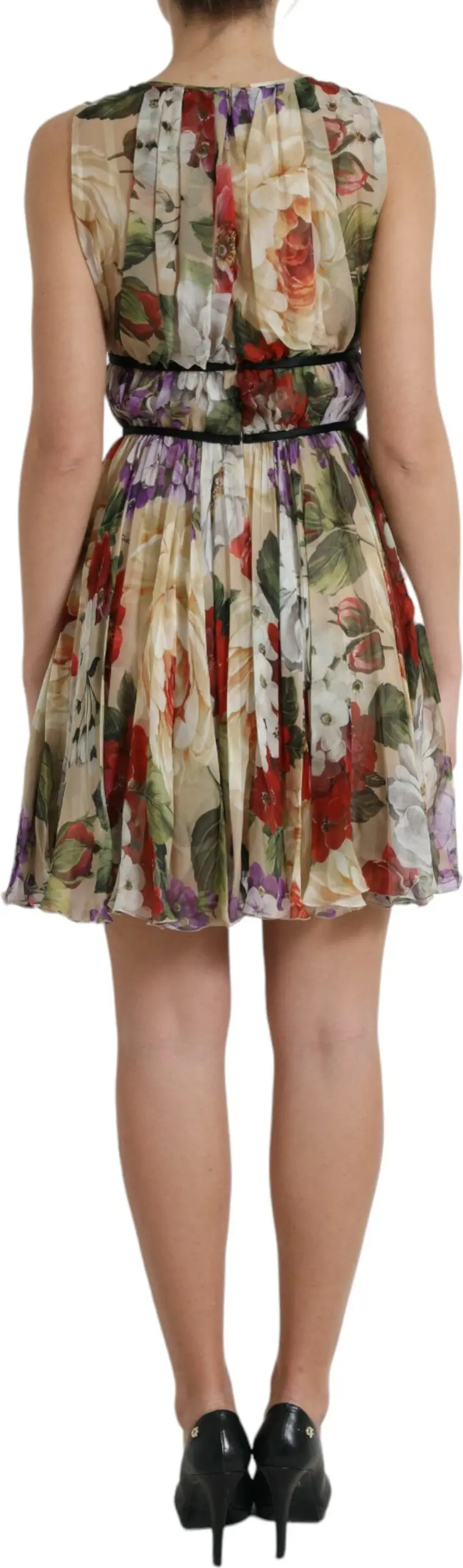 Dolce & Gabbana libosi, bej rangli gul bosma, yengsiz, A-siluetli mini ko'ylak