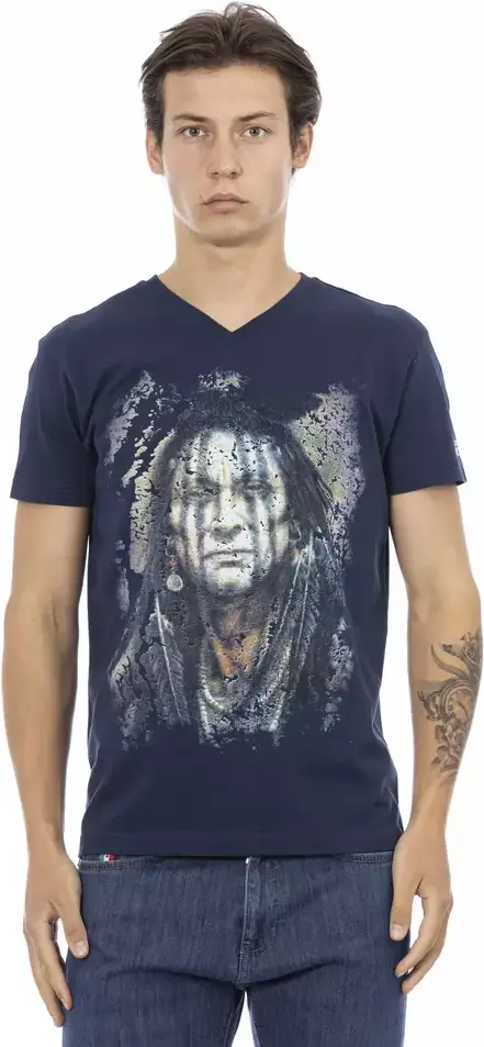 Trussardi Moviy Paxta T-shirt Erkaklar uchun V-bo'yin